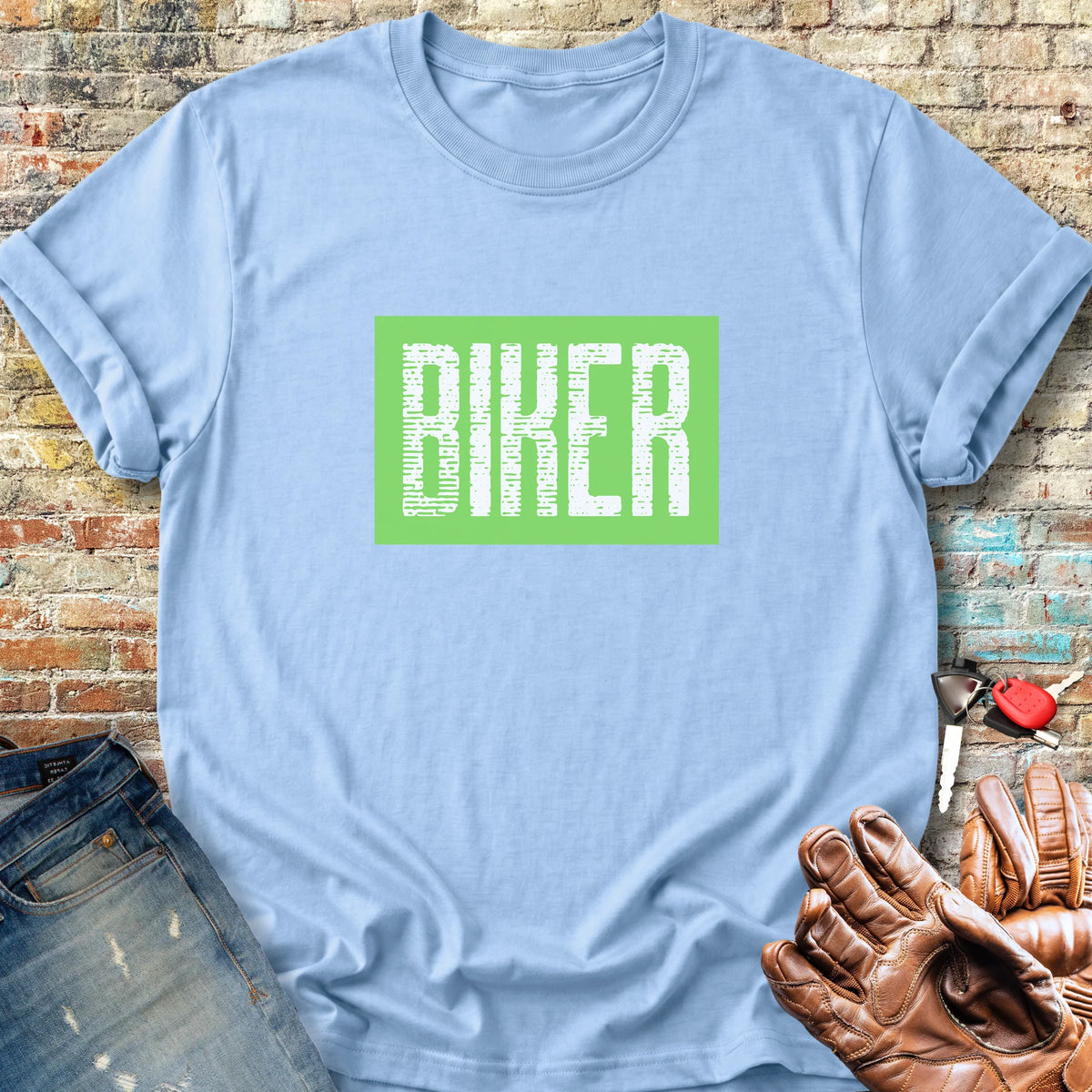Biker In Green Classic T-Shirt - Light Blue