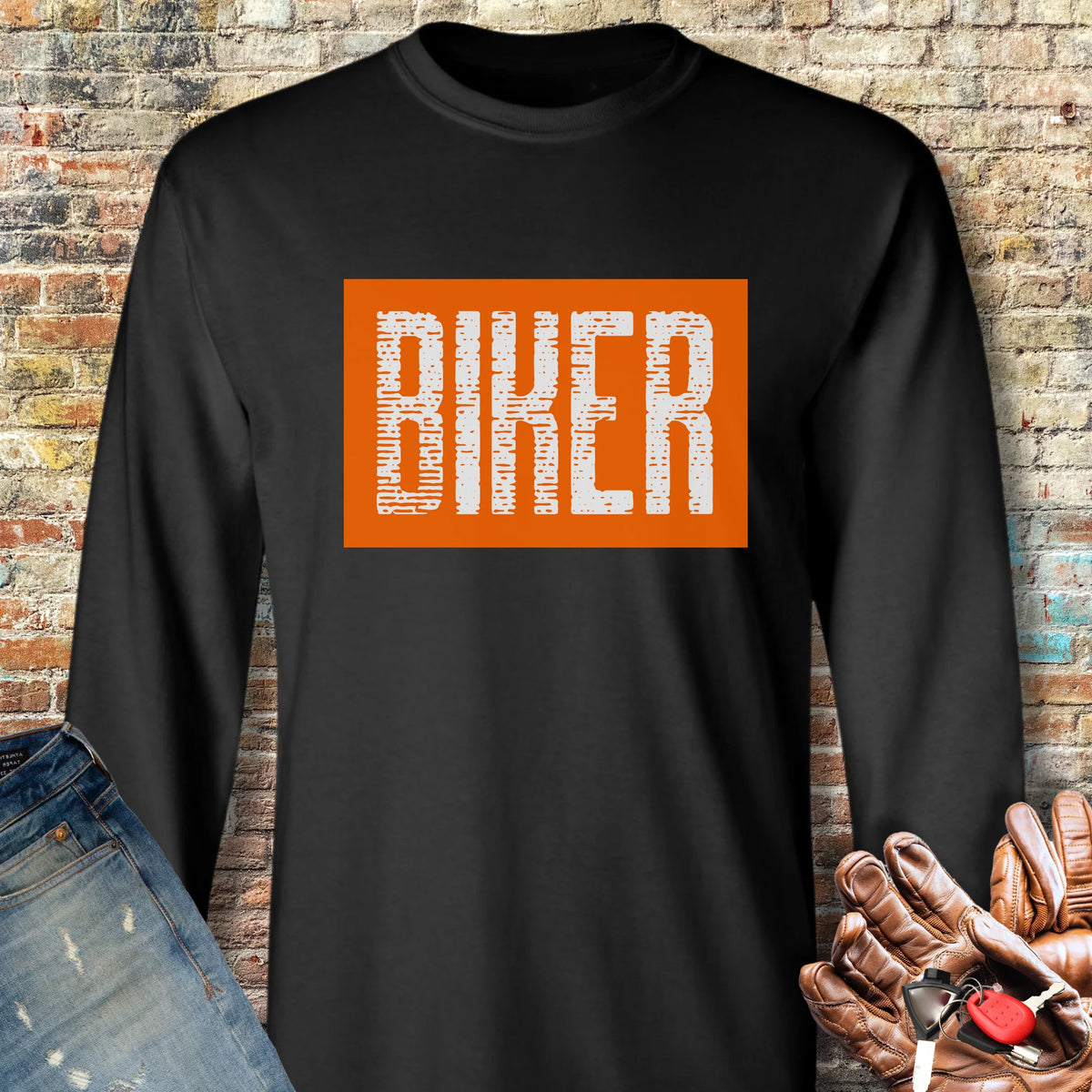 Biker In Orange Long Sleeve T-Shirt - Black