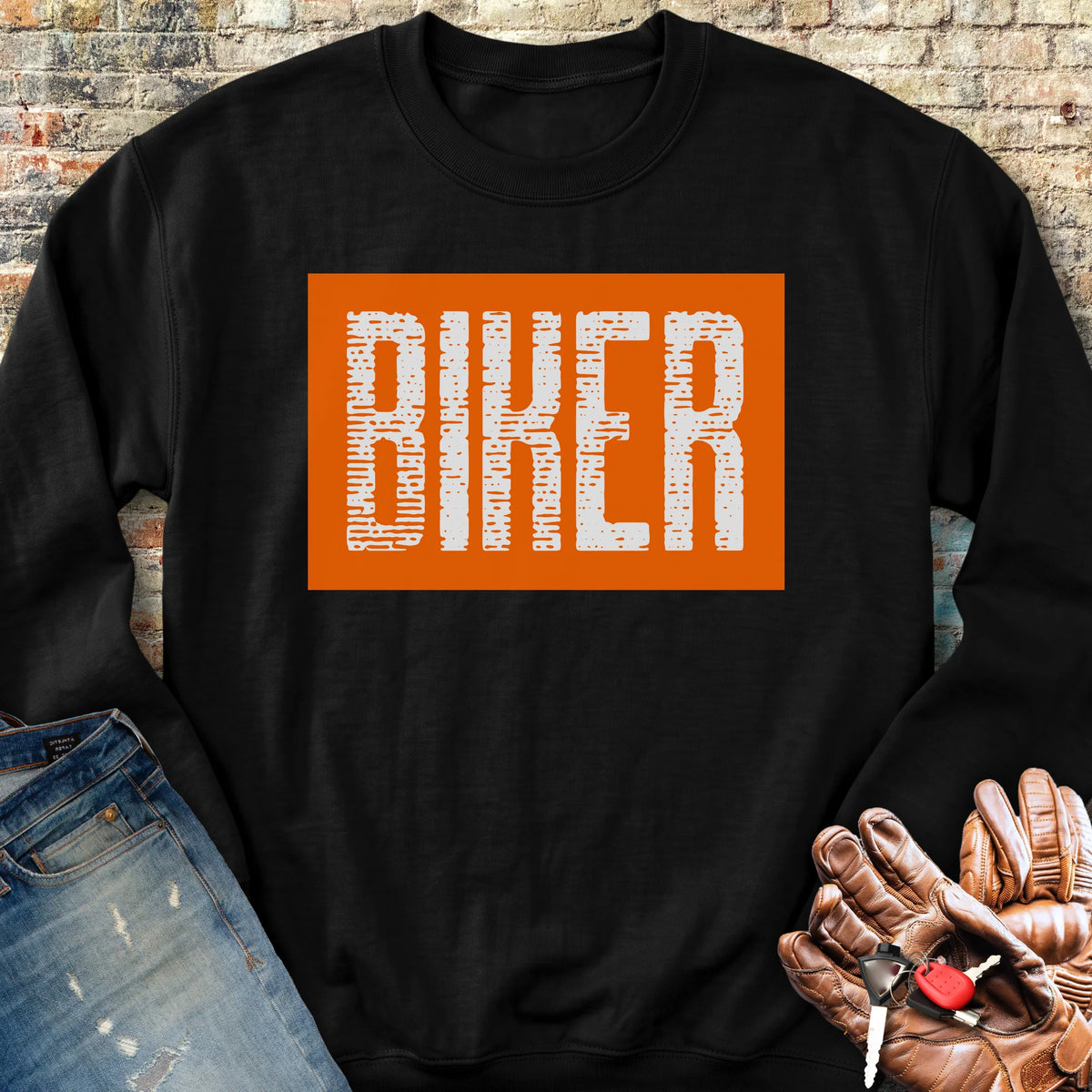 Biker In Orange Sweatshirt - Black