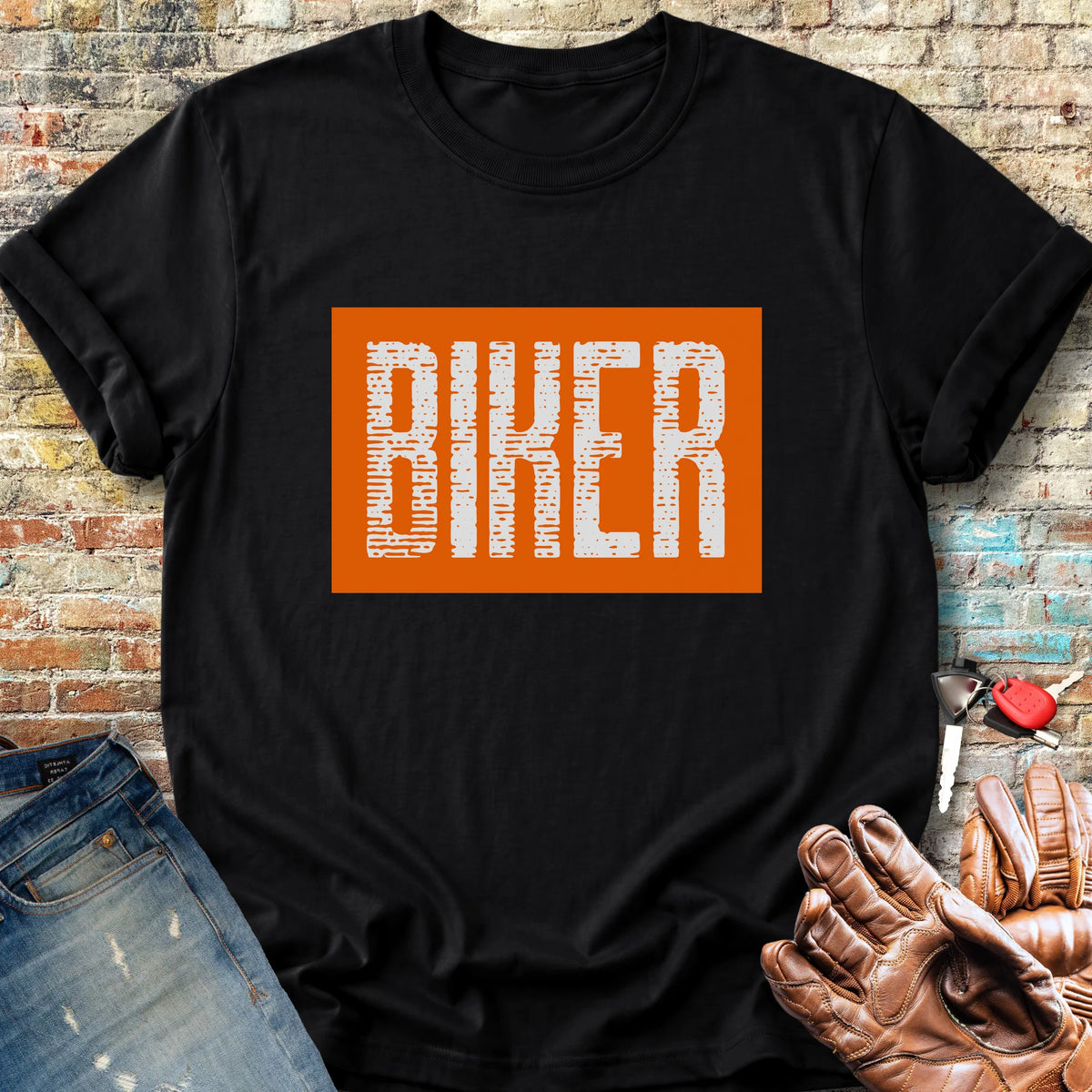 Biker In Orange Classic T-Shirt - Black