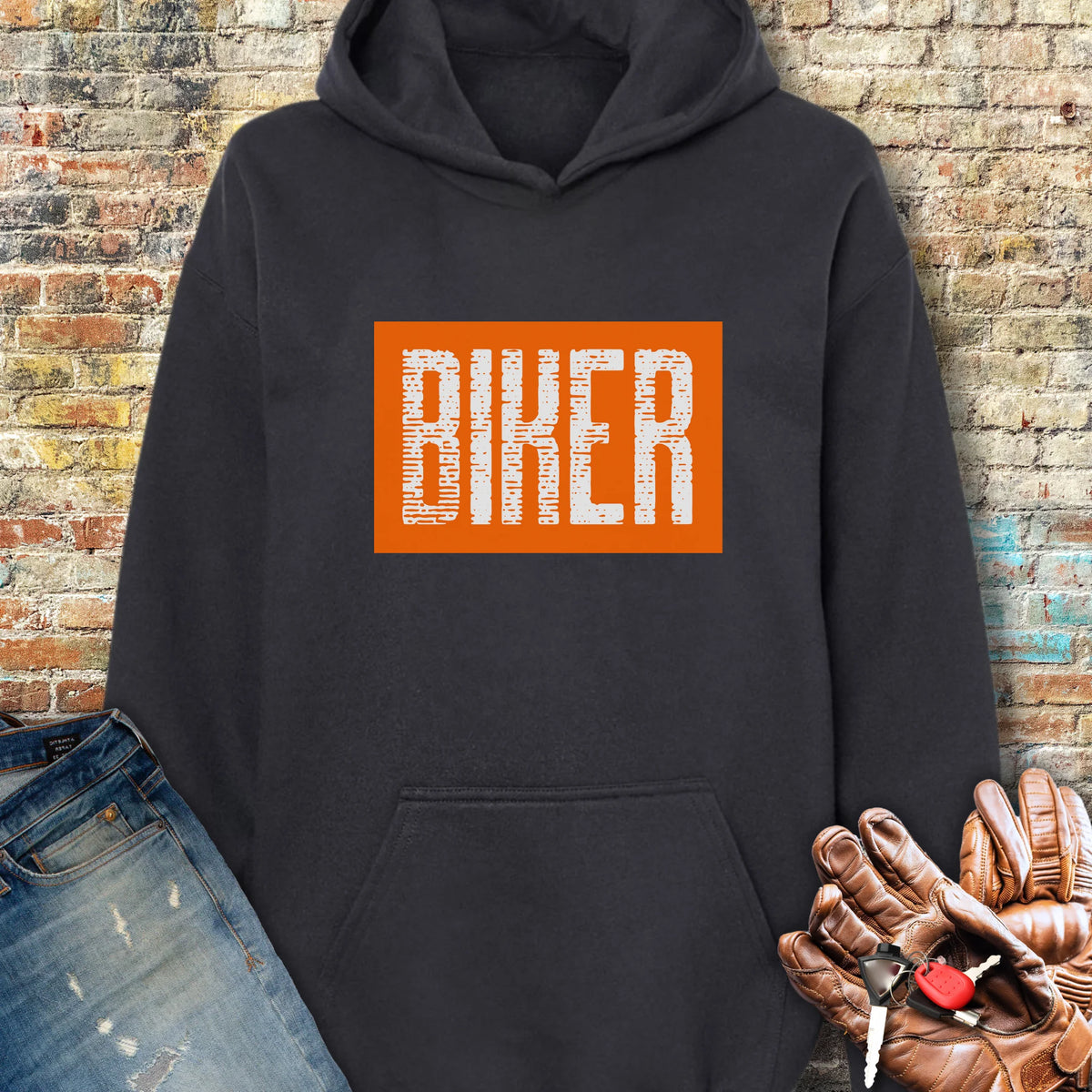 Biker In Orange Hoodie - Black