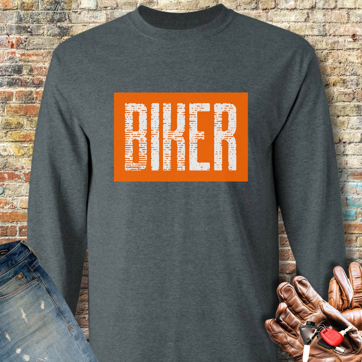 Biker In Orange Long Sleeve T-Shirt - Dark Heather