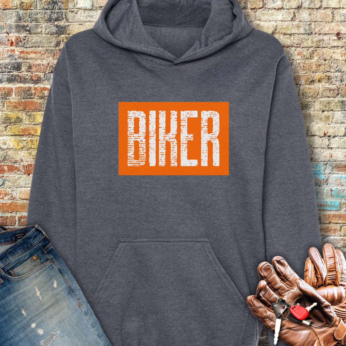Biker In Orange Hoodie - Dark Heather