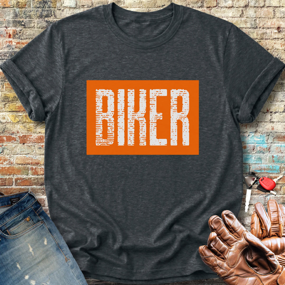 Biker In Orange Classic T-Shirt - Dark Heather