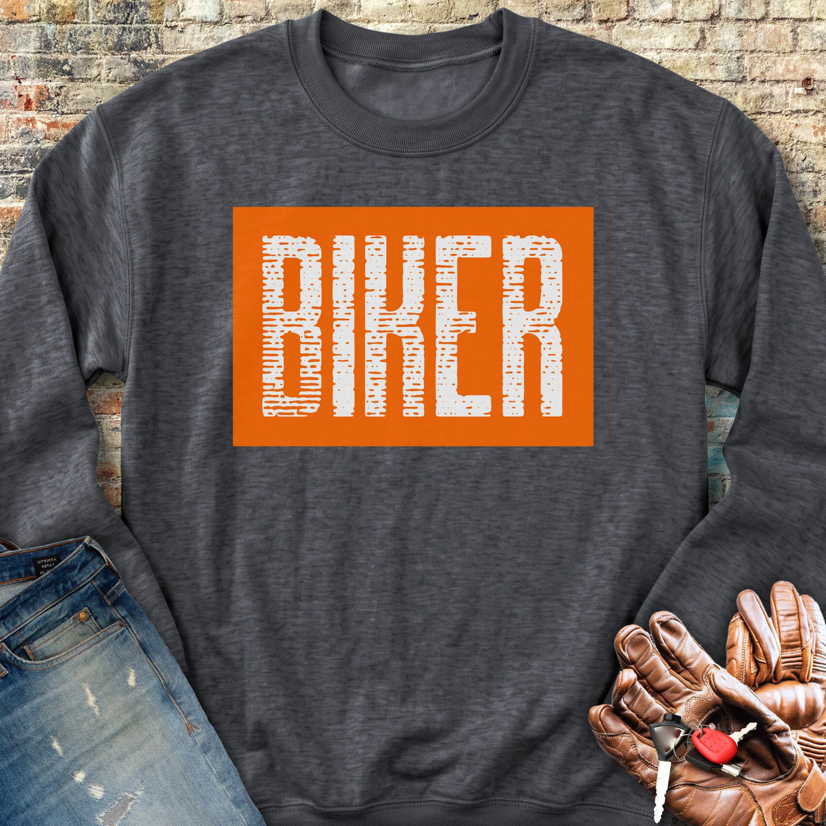 Biker In Orange Sweatshirt - Dark Heather