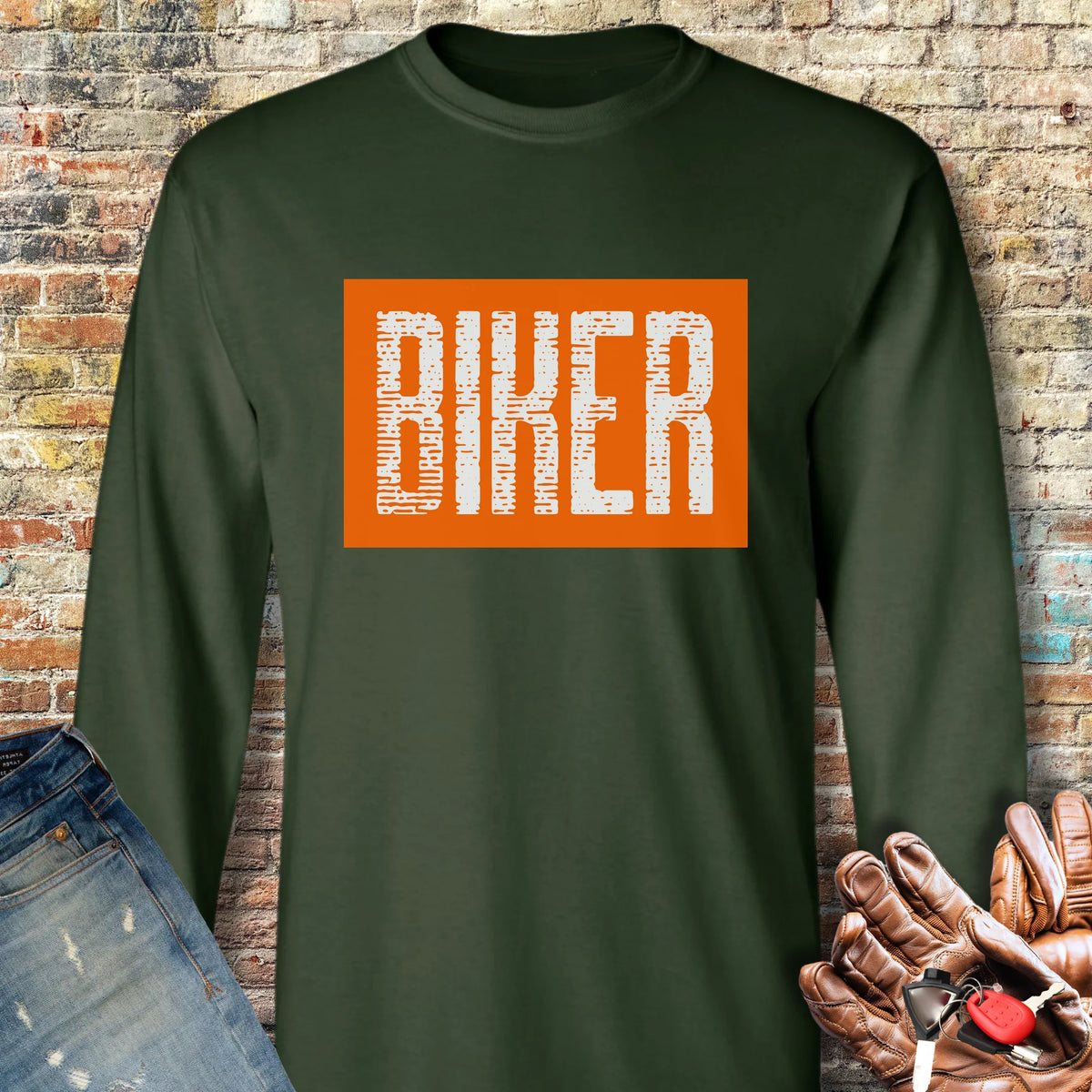 Biker In Orange Long Sleeve T-Shirt - Forest Green