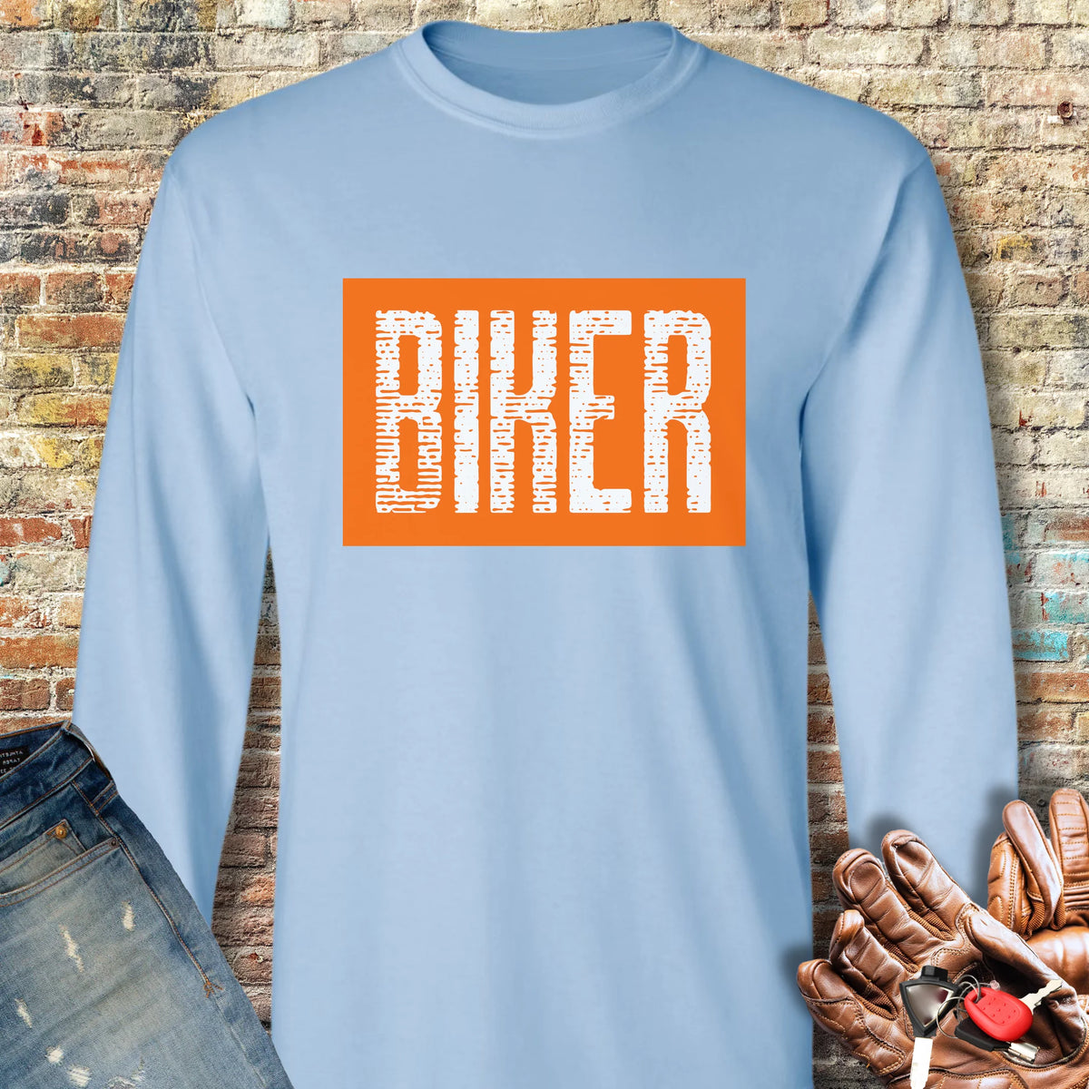 Biker In Orange Long Sleeve T-Shirt - Light Blue
