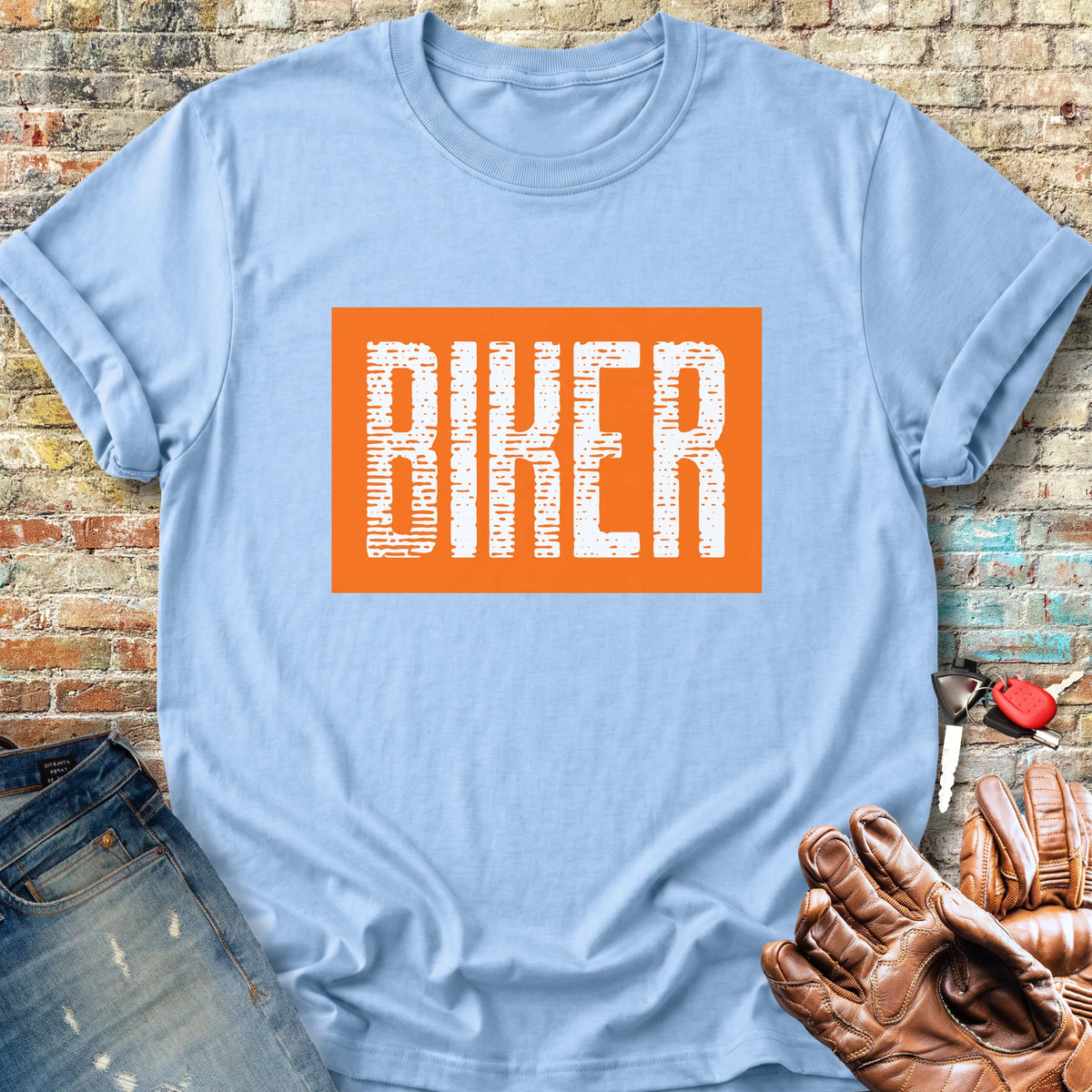 Biker In Orange Classic T-Shirt - Light Blue
