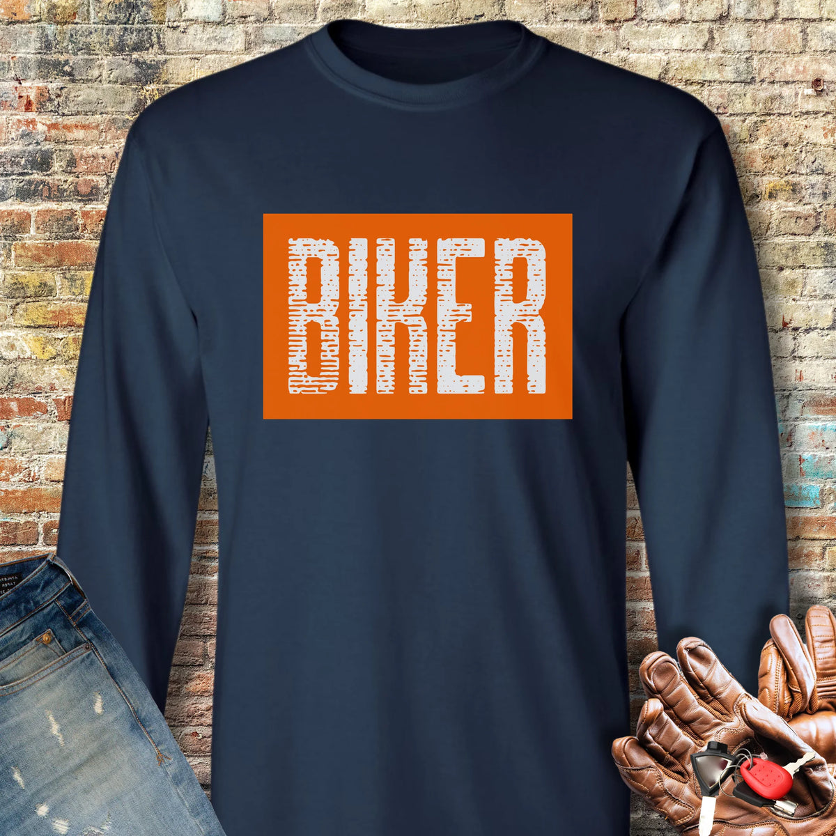 Biker In Orange Long Sleeve T-Shirt - Navy