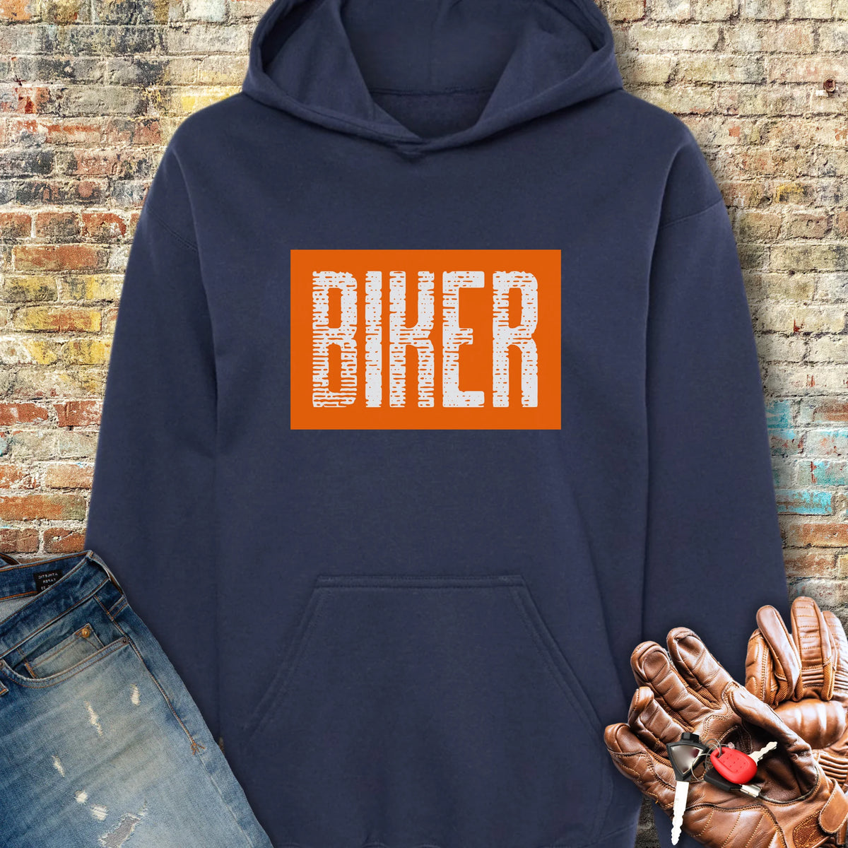 Biker In Orange Hoodie - Navy