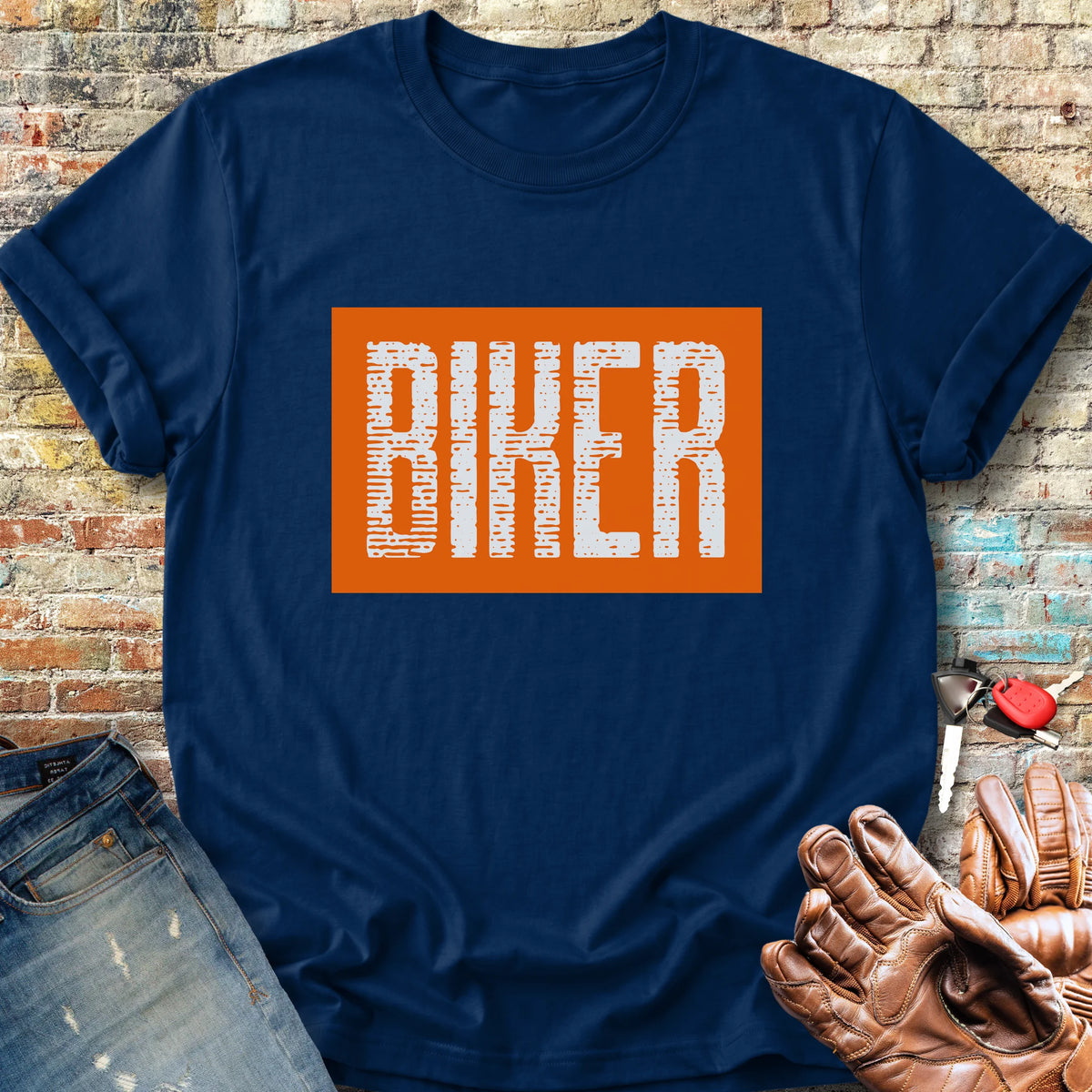 Biker In Orange Classic T-Shirt - Navy
