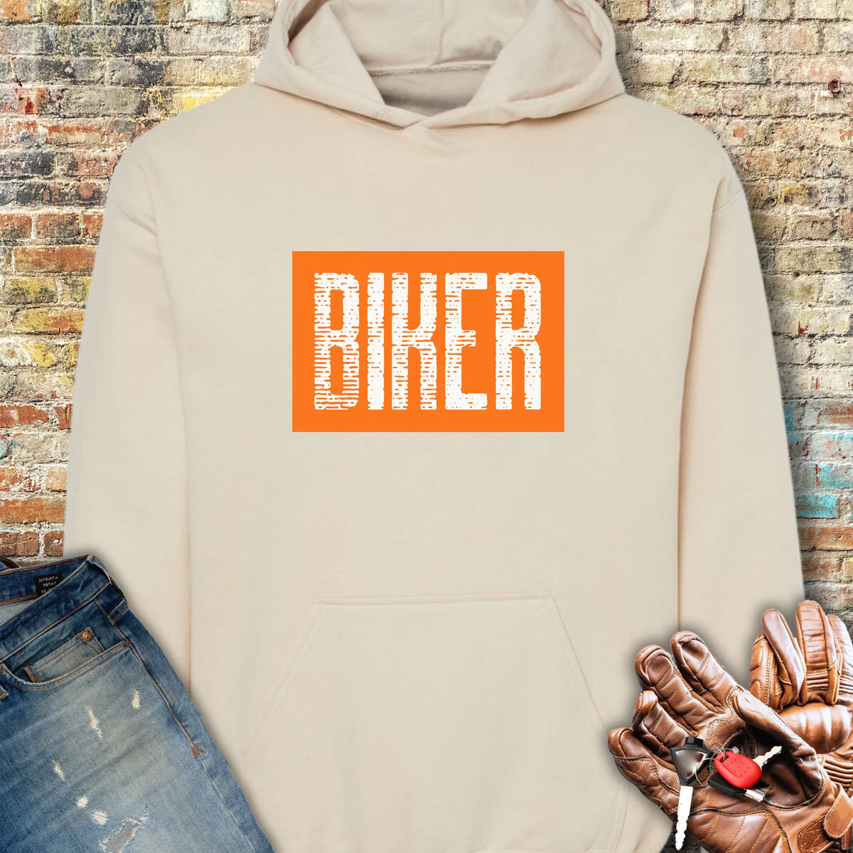 Biker In Orange Hoodie - Sand