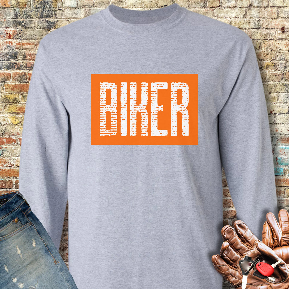 Biker In Orange Long Sleeve T-Shirt - Sport Grey