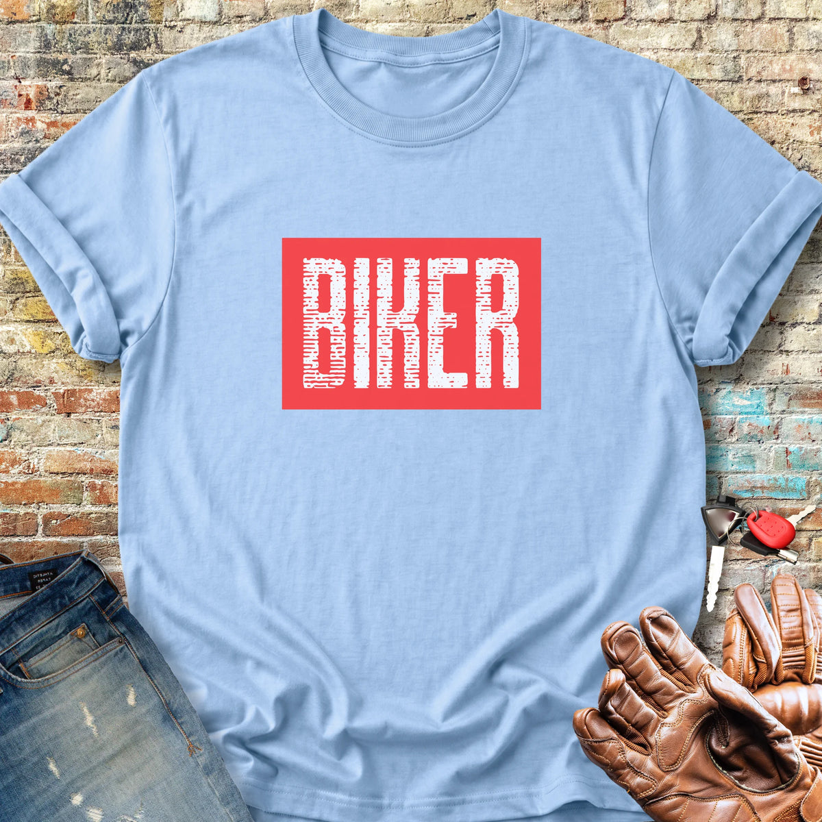 Biker In Red Classic T-Shirt - Light Blue