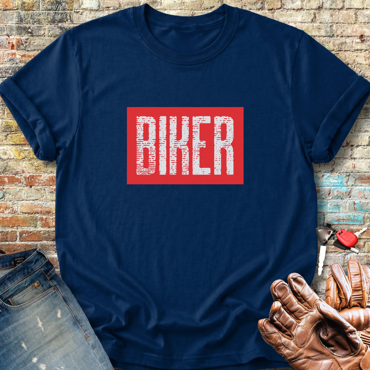 Biker In Red Classic T-Shirt - Navy