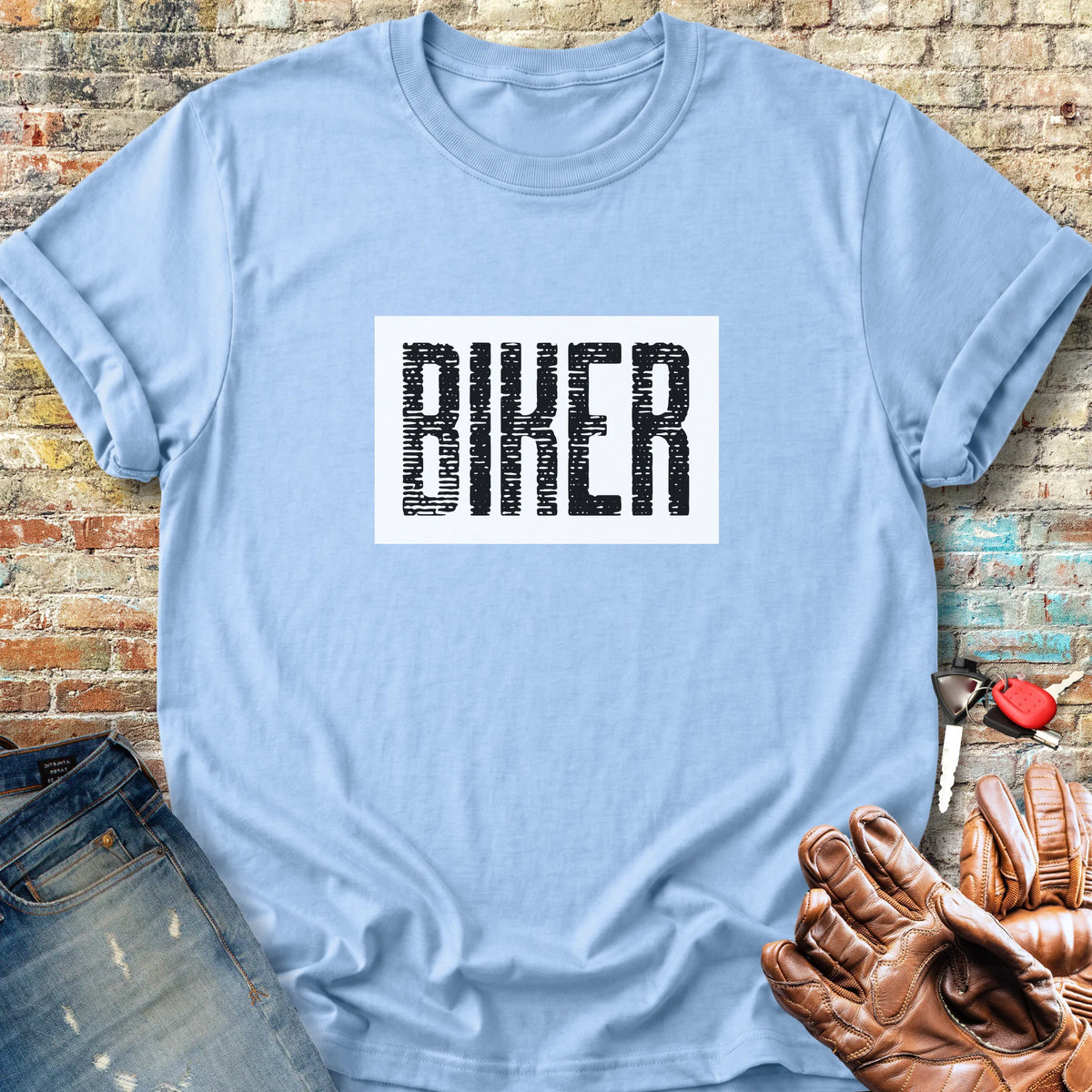 Biker In White Classic T-Shirt - Light Blue