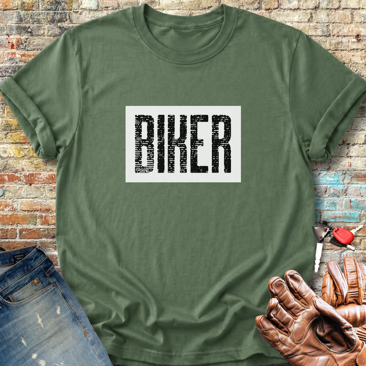Biker In White Classic T-Shirt - Military Green