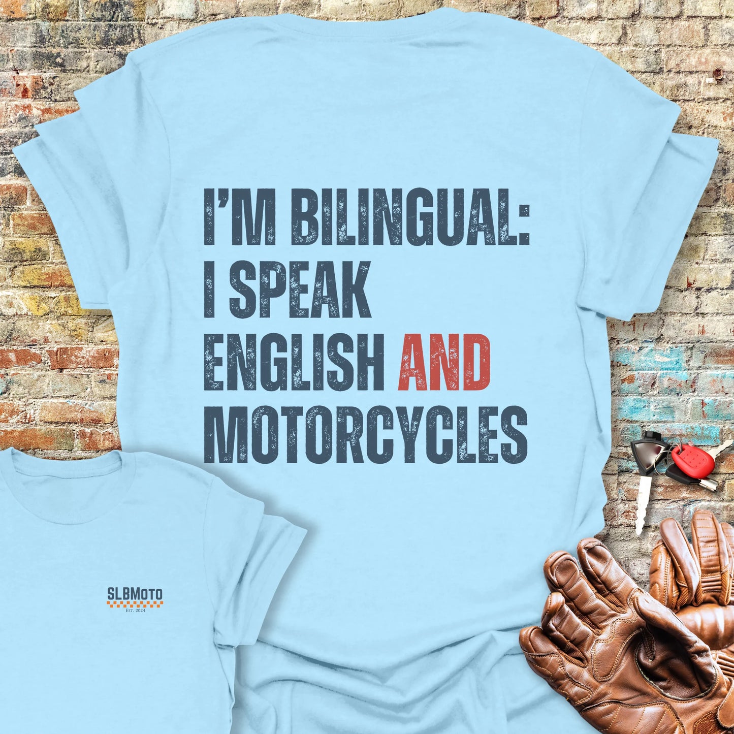 Bilingual English Back Print T-Shirt - Light Blue