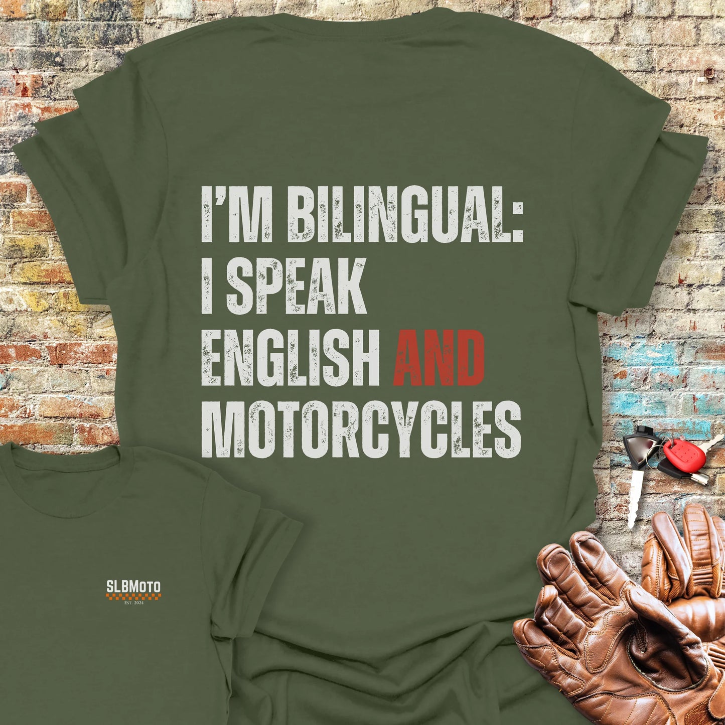 Bilingual English Back Print T-Shirt - Military Green