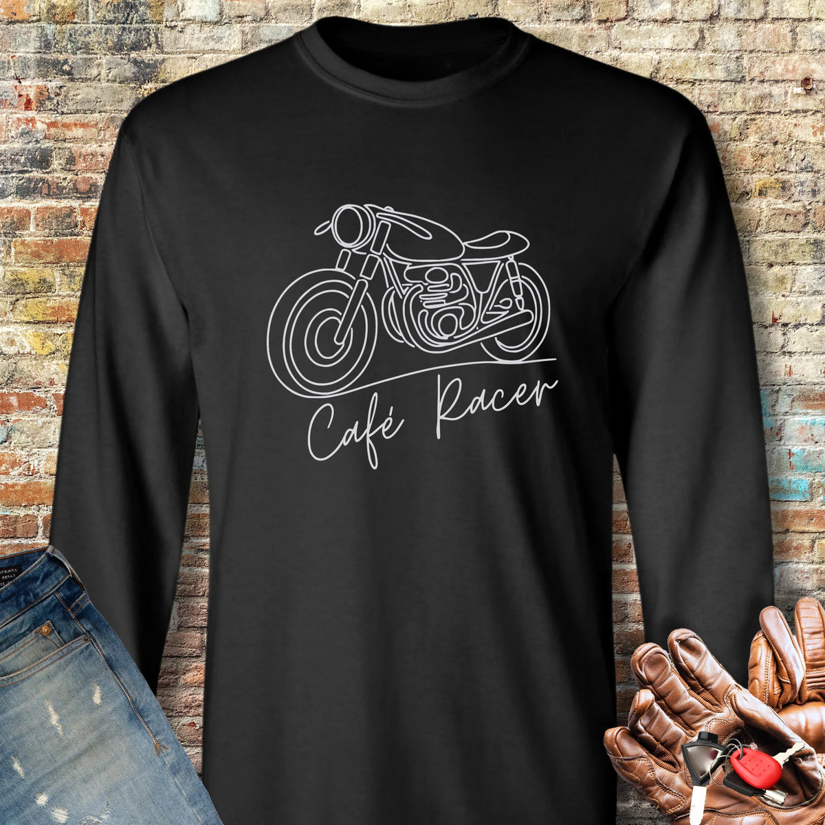Café Racer Line Art Long Sleeve T-Shirt - Black