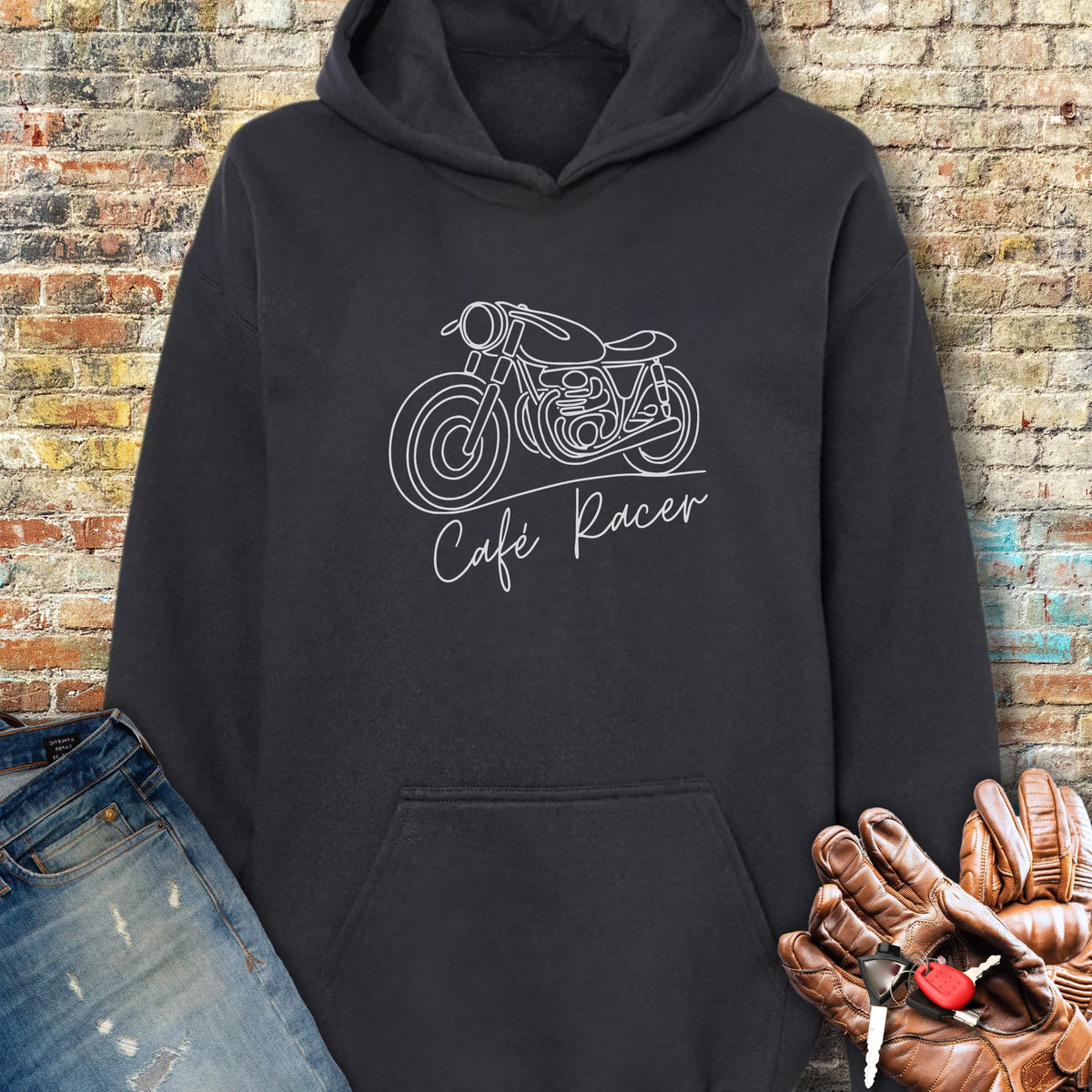 Café Racer Line Art Hoodie - Black