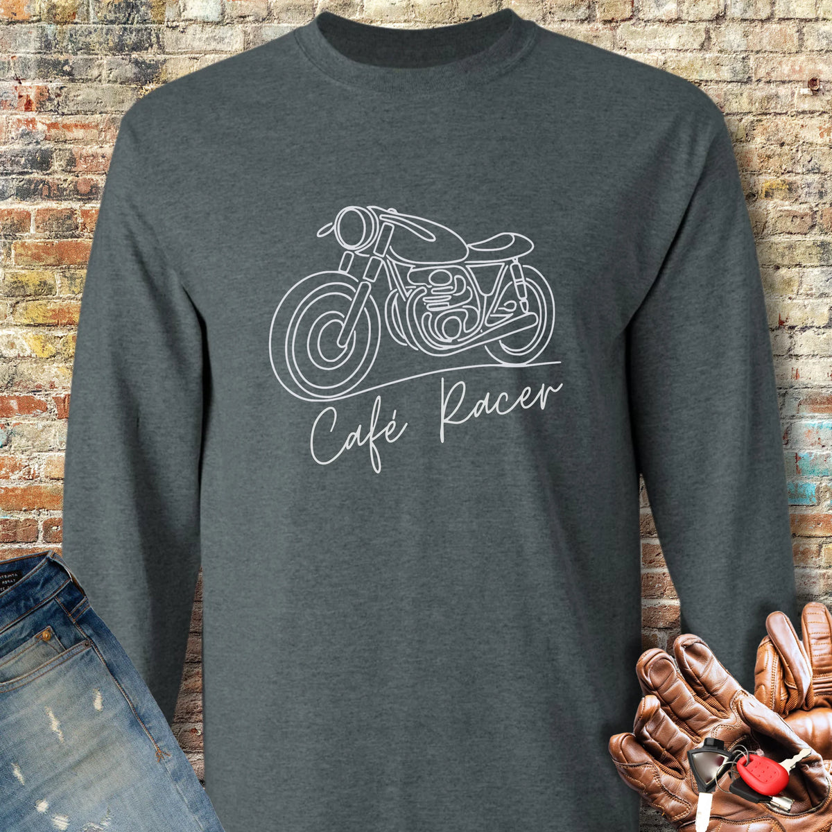 Café Racer Line Art Long Sleeve T-Shirt - Dark Heather