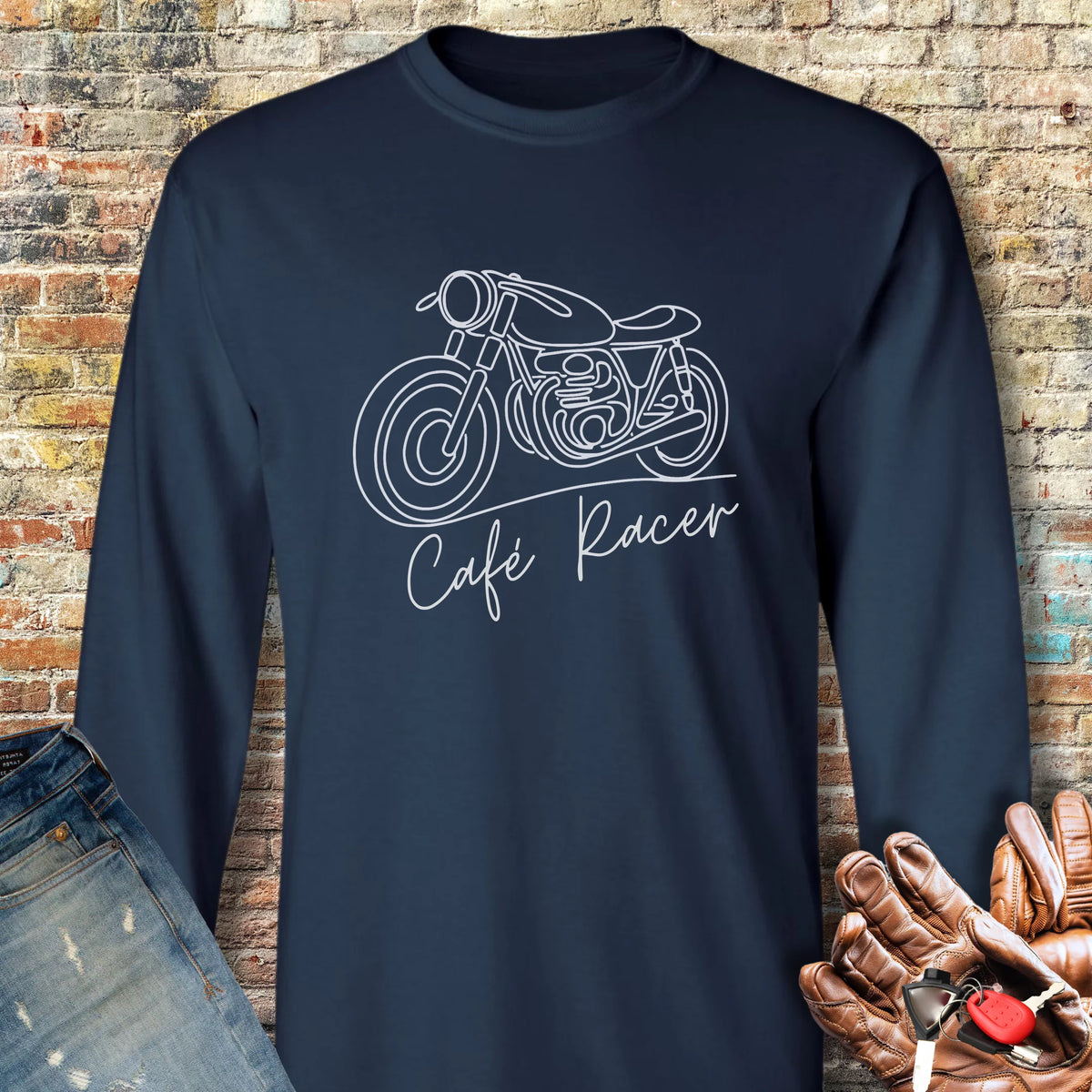 Café Racer Line Art Long Sleeve T-Shirt - Navy