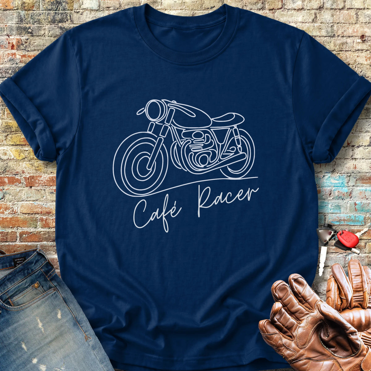 Café Racer Line Art Classic T-Shirt - Navy