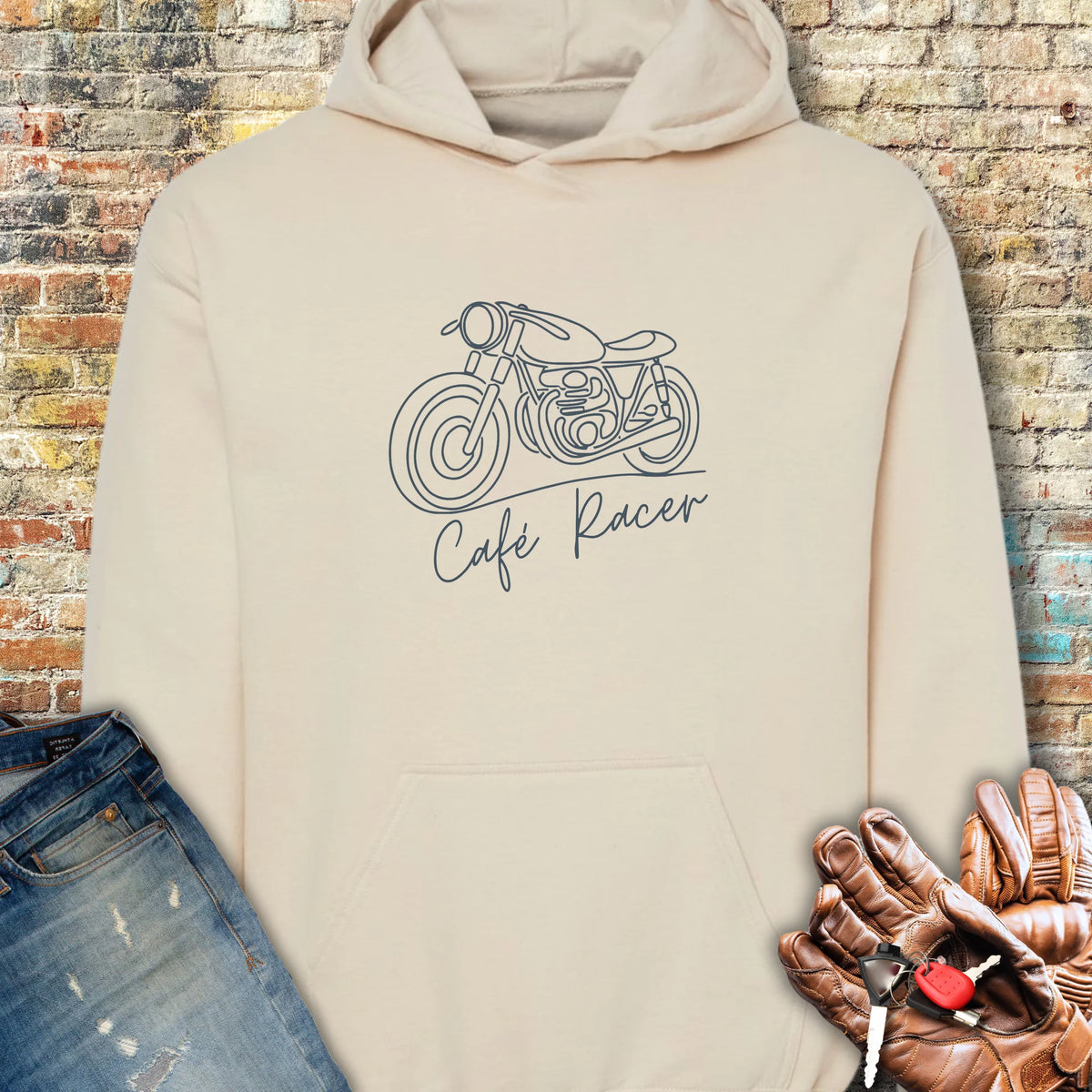 Café Racer Line Art Hoodie - Sand