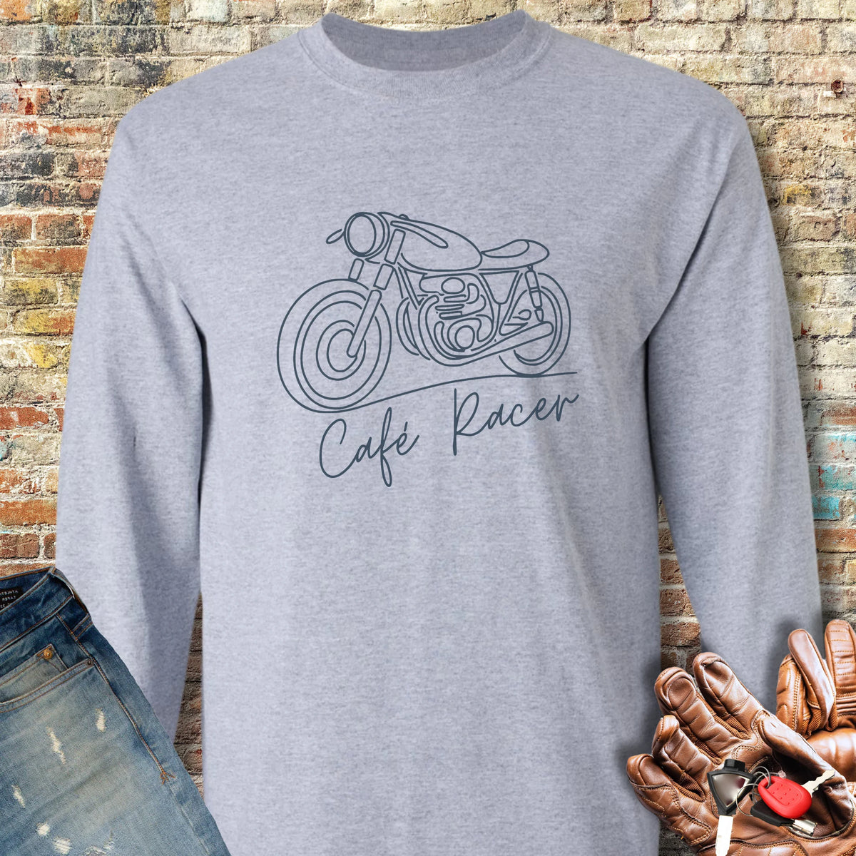 Café Racer Line Art Long Sleeve T-Shirt - Sport Grey