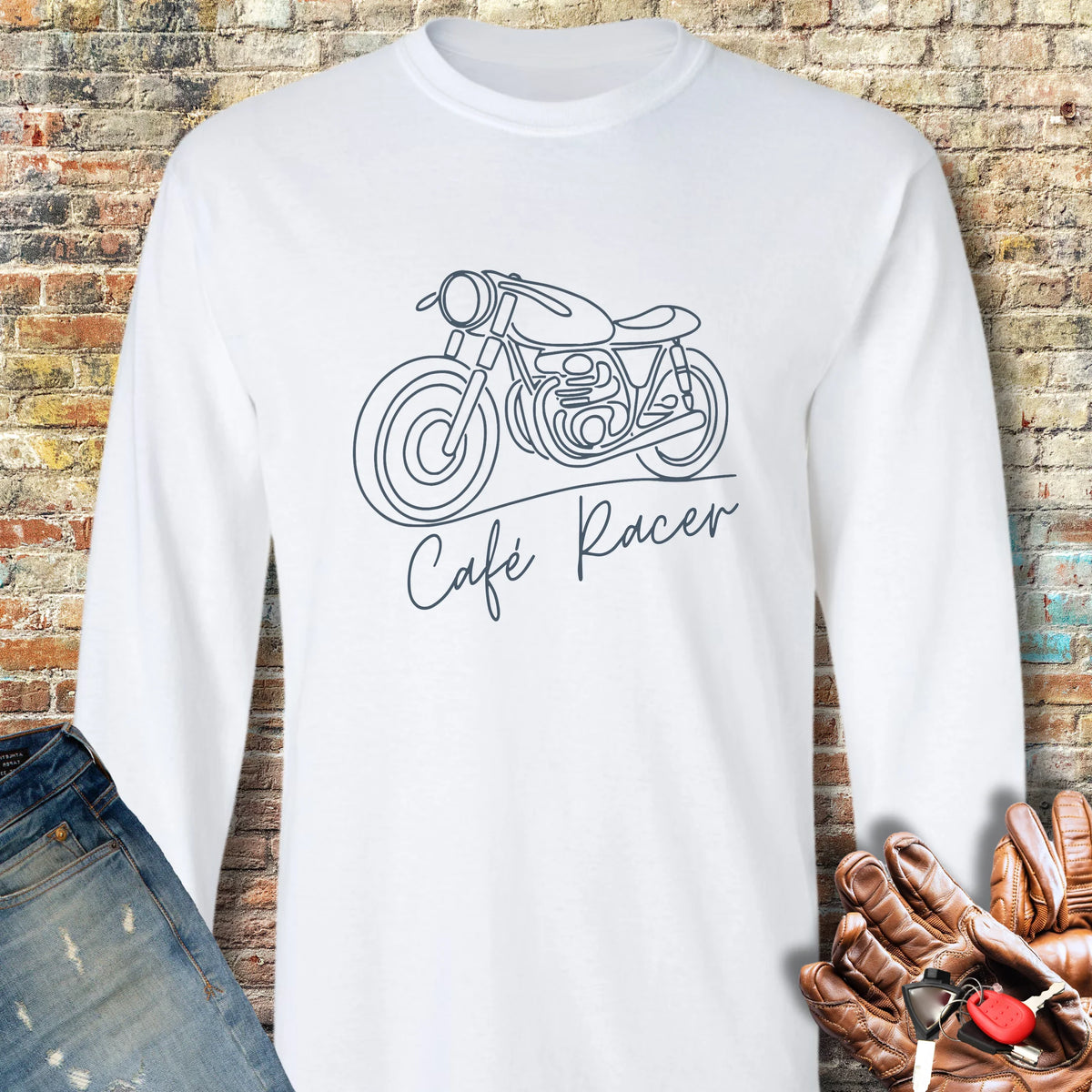 Café Racer Line Art Long Sleeve T-Shirt - White