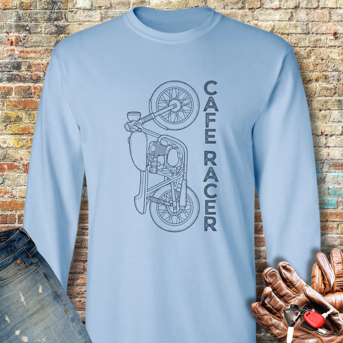 Café Racer Vertical Long Sleeve T-Shirt - Light Blue