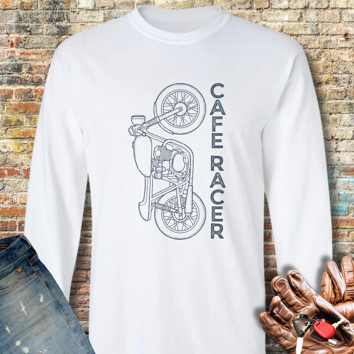 Café Racer Vertical Long Sleeve T-Shirt - White
