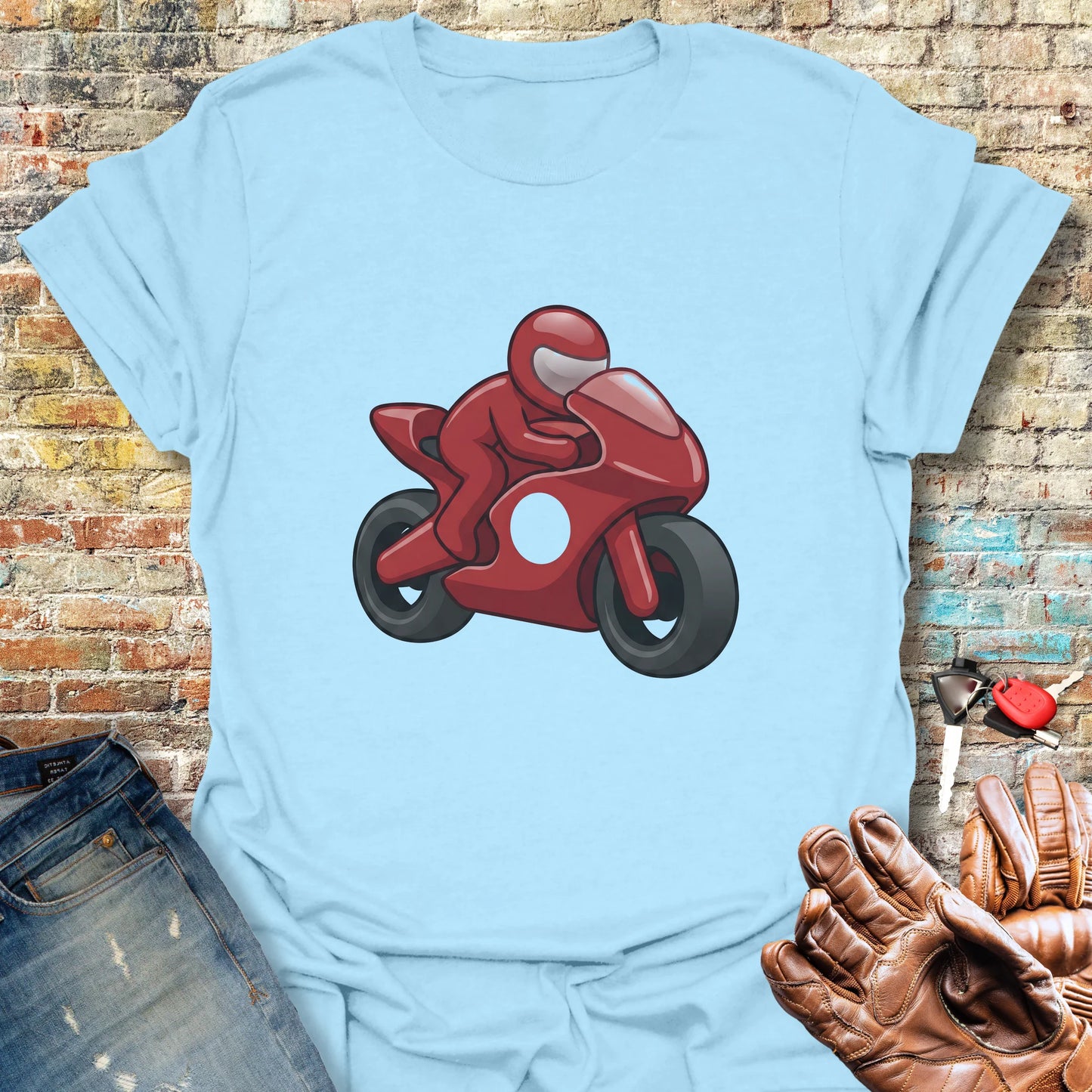 Cartoon Superbike T-Shirt - Light Blue