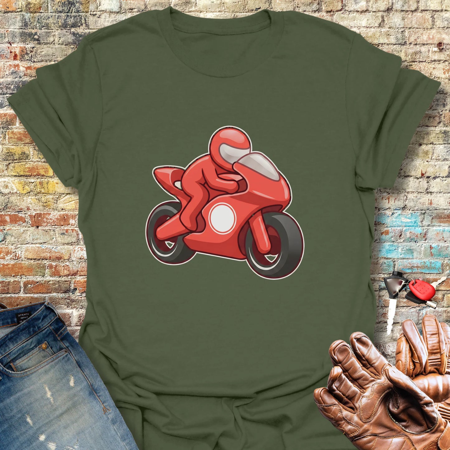 Cartoon Superbike T-Shirt - Military Green