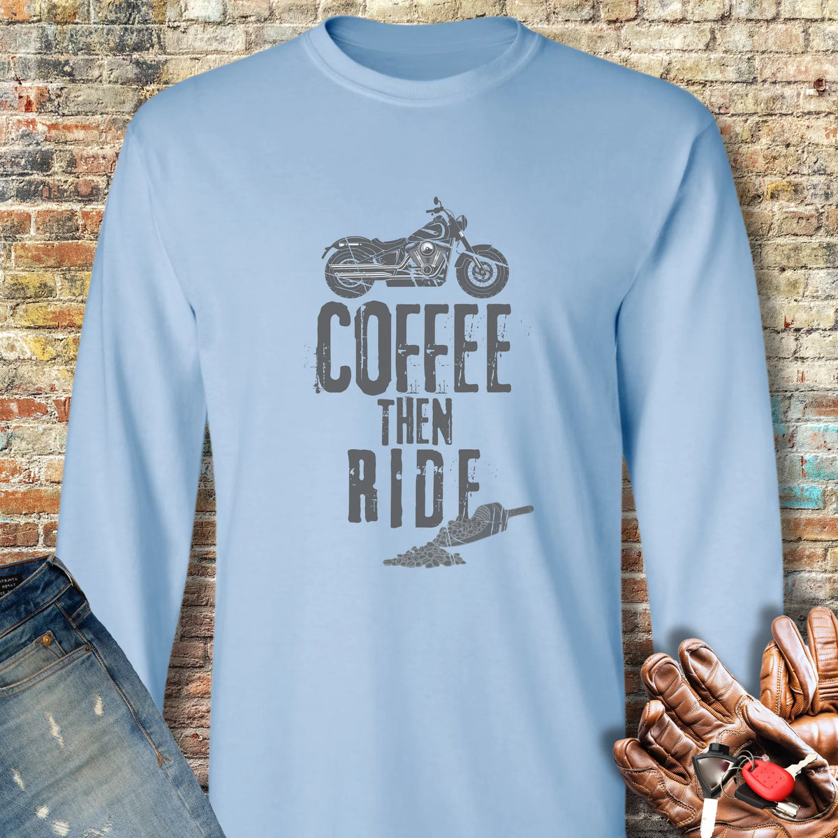 Coffee Then Ride (Cruiser) Long Sleeve T-Shirt - Light Blue