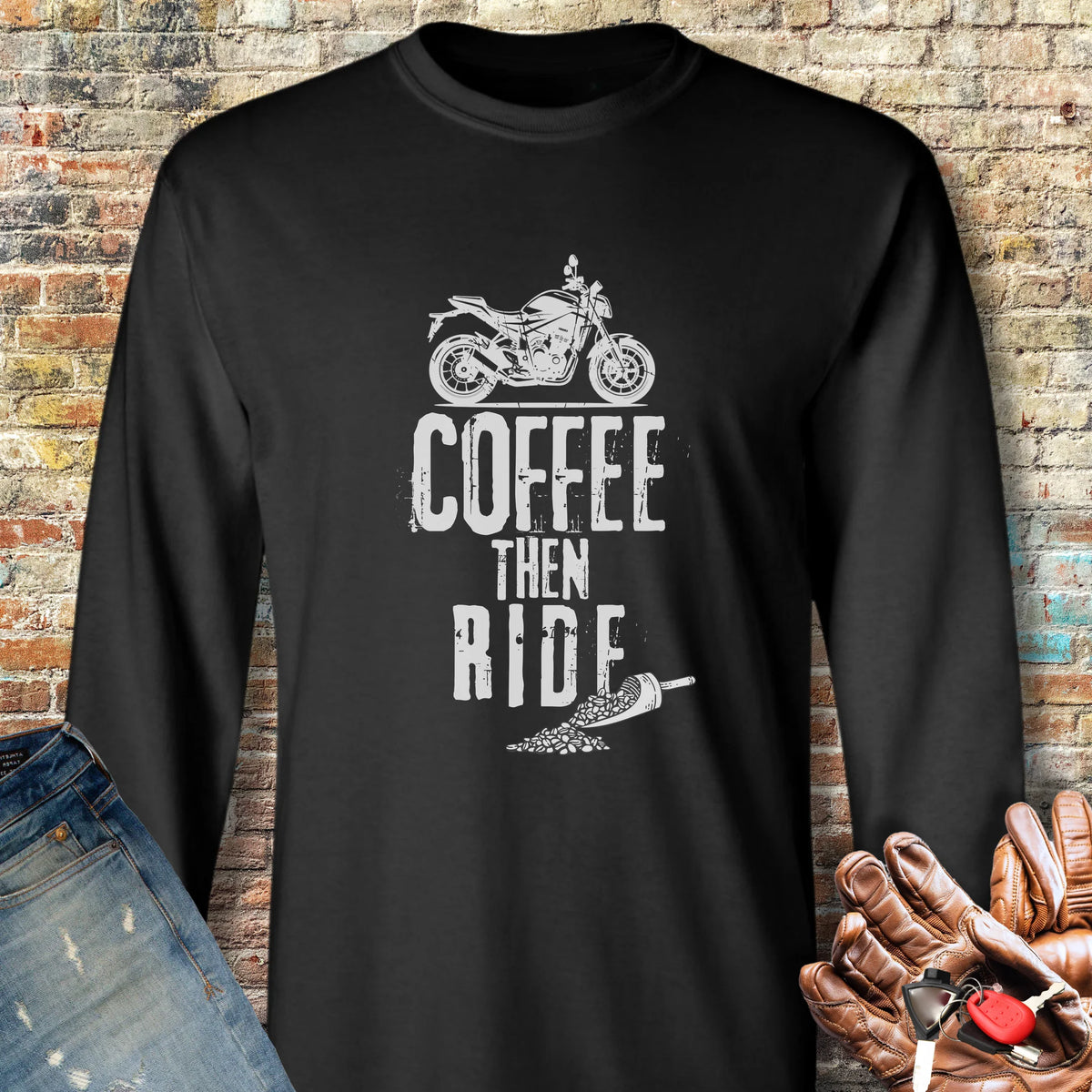 Coffee Then Ride (Street) Long Sleeve T-Shirt - Black