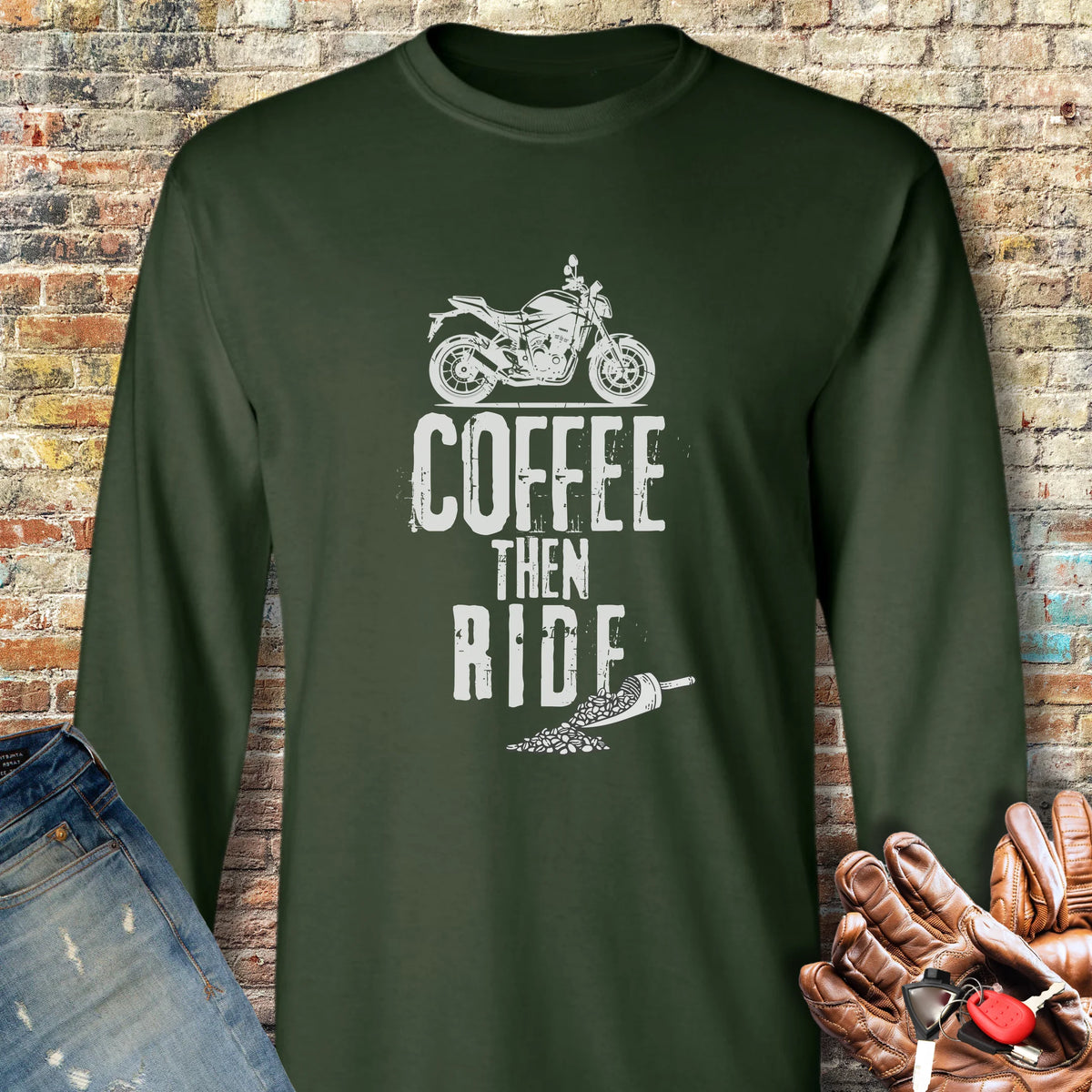 Coffee Then Ride (Street) Long Sleeve T-Shirt - Forest Green
