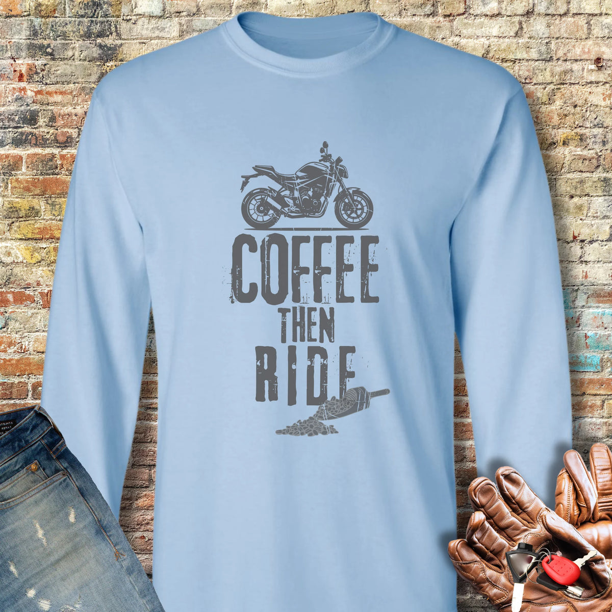 Coffee Then Ride (Street) Long Sleeve T-Shirt - Light Blue