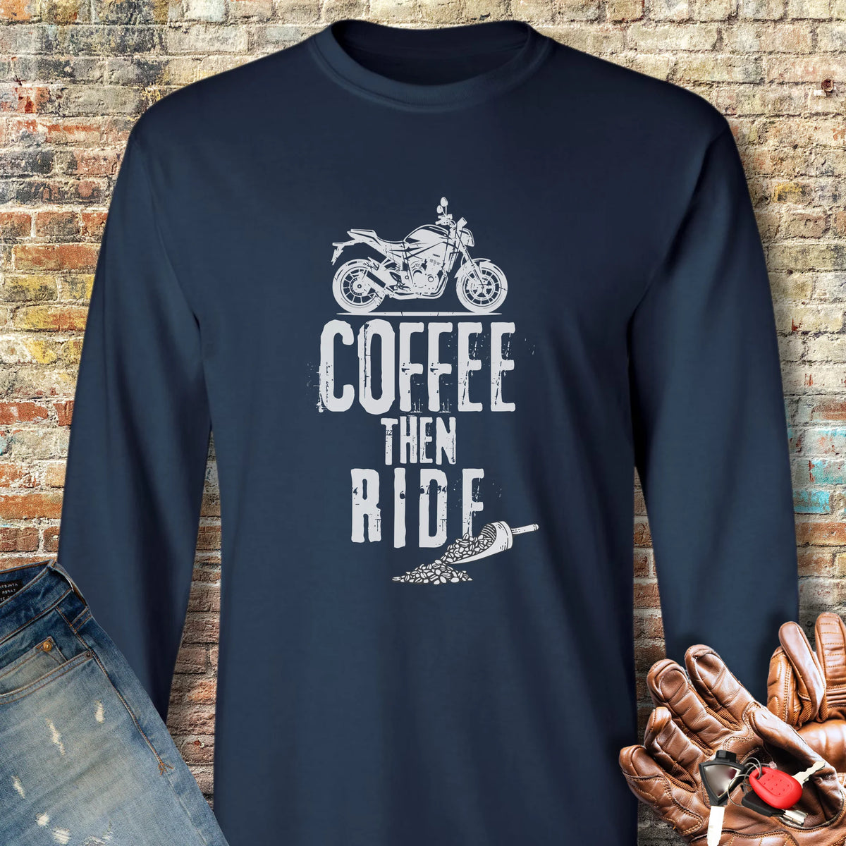 Coffee Then Ride (Street) Long Sleeve T-Shirt - Navy
