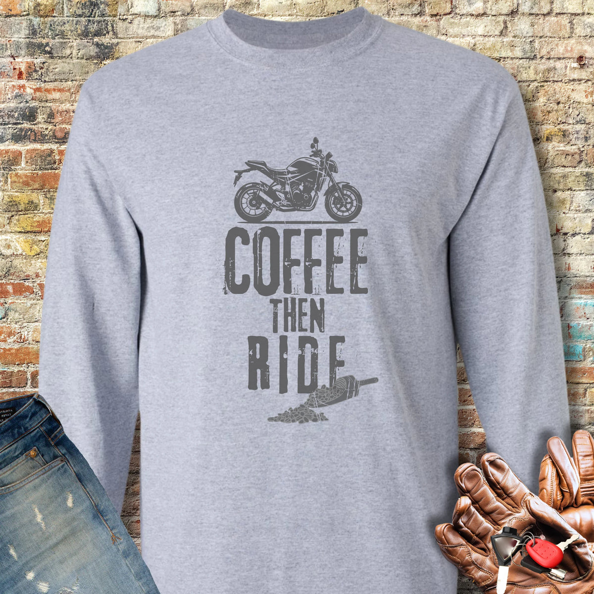Coffee Then Ride (Street) Long Sleeve T-Shirt - Sport Grey
