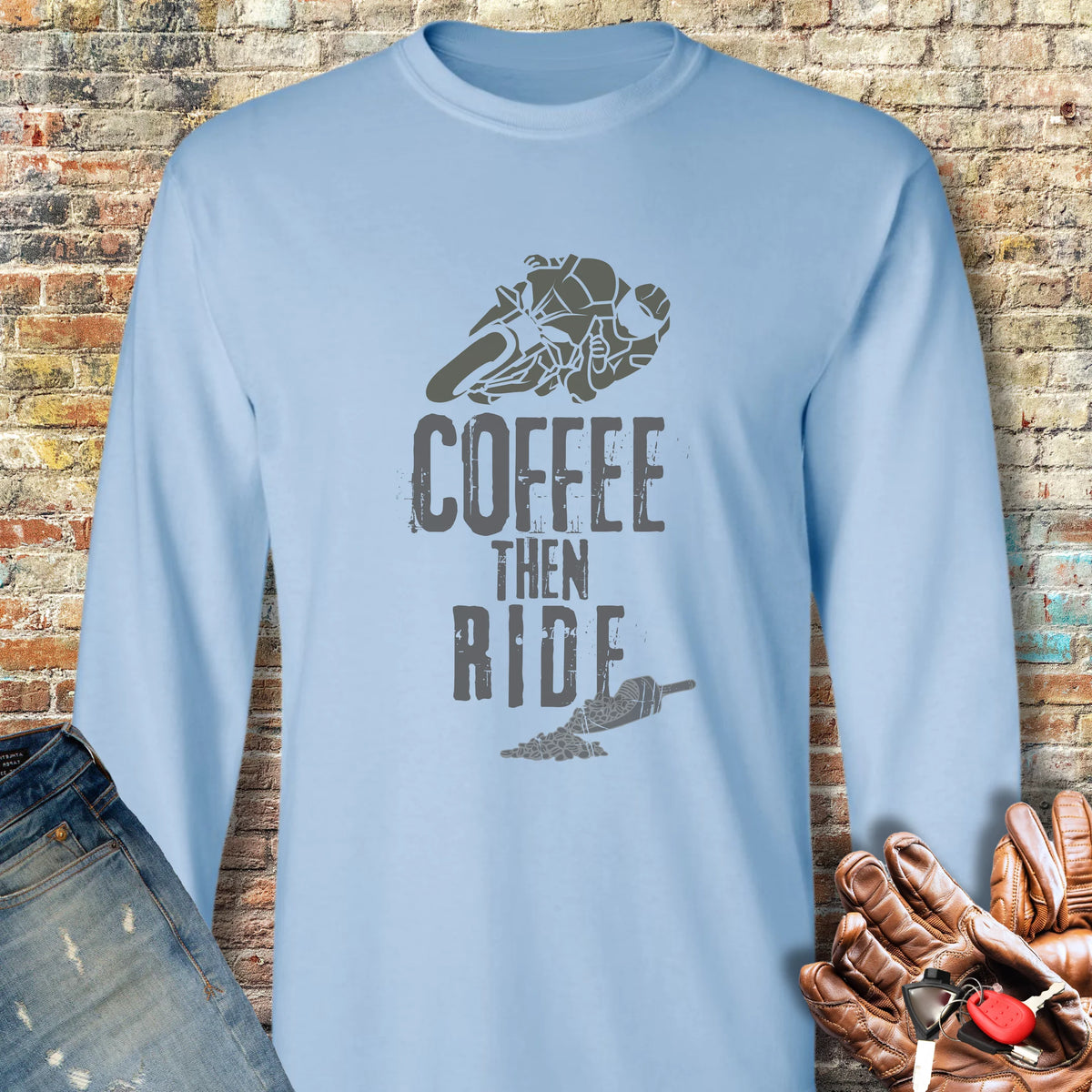 Coffee Then Ride (Sport) Long Sleeve T-Shirt - Light Blue