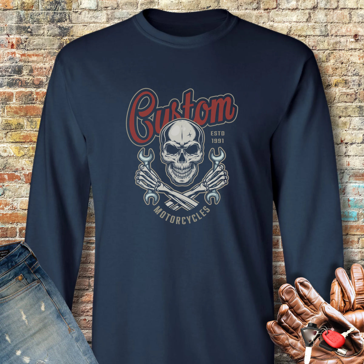 Custom Motorcycles Long Sleeve T-Shirt - Navy