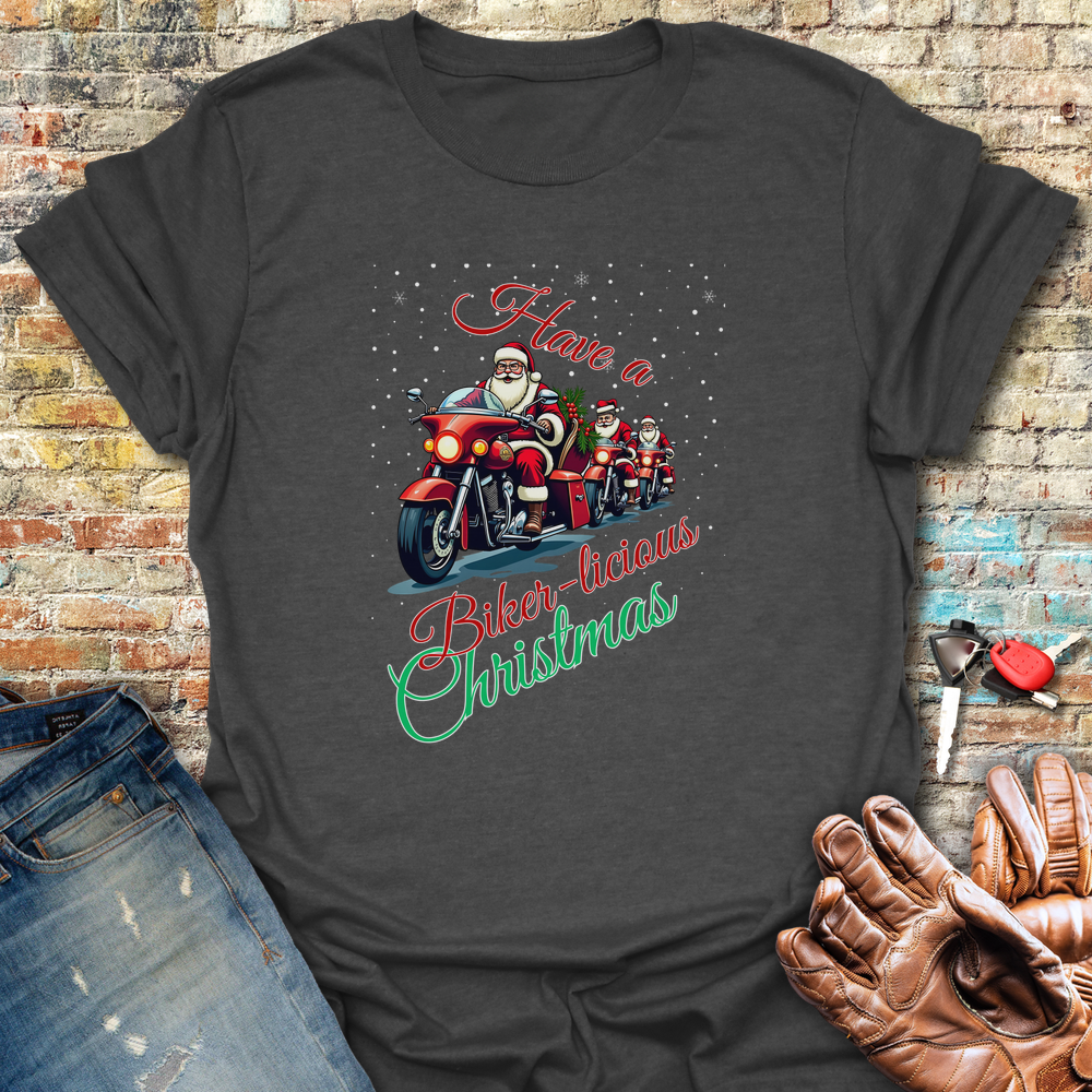 Biker Licious Christmas T-Shirt - Dark Heather
