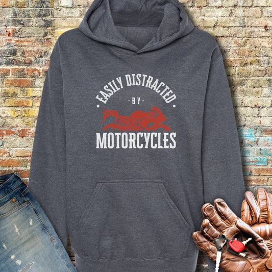 Easily Distracted By Motorcycles Dark Hoodie - Dark Heather