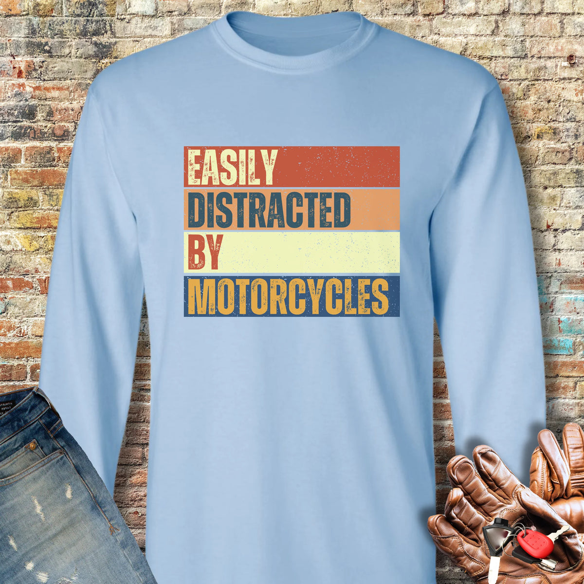 Distracted (Block) Long Sleeve T-Shirt - Light Blue