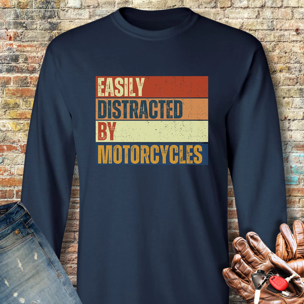Distracted (Block) Long Sleeve T-Shirt - Navy