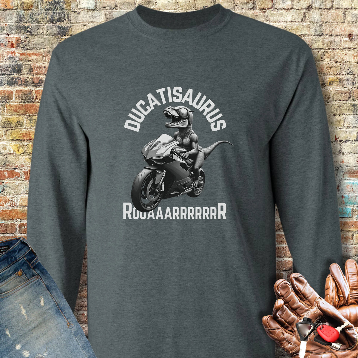 Ducatisaurus (B&W) Long Sleeve T-Shirt - Dark Heather