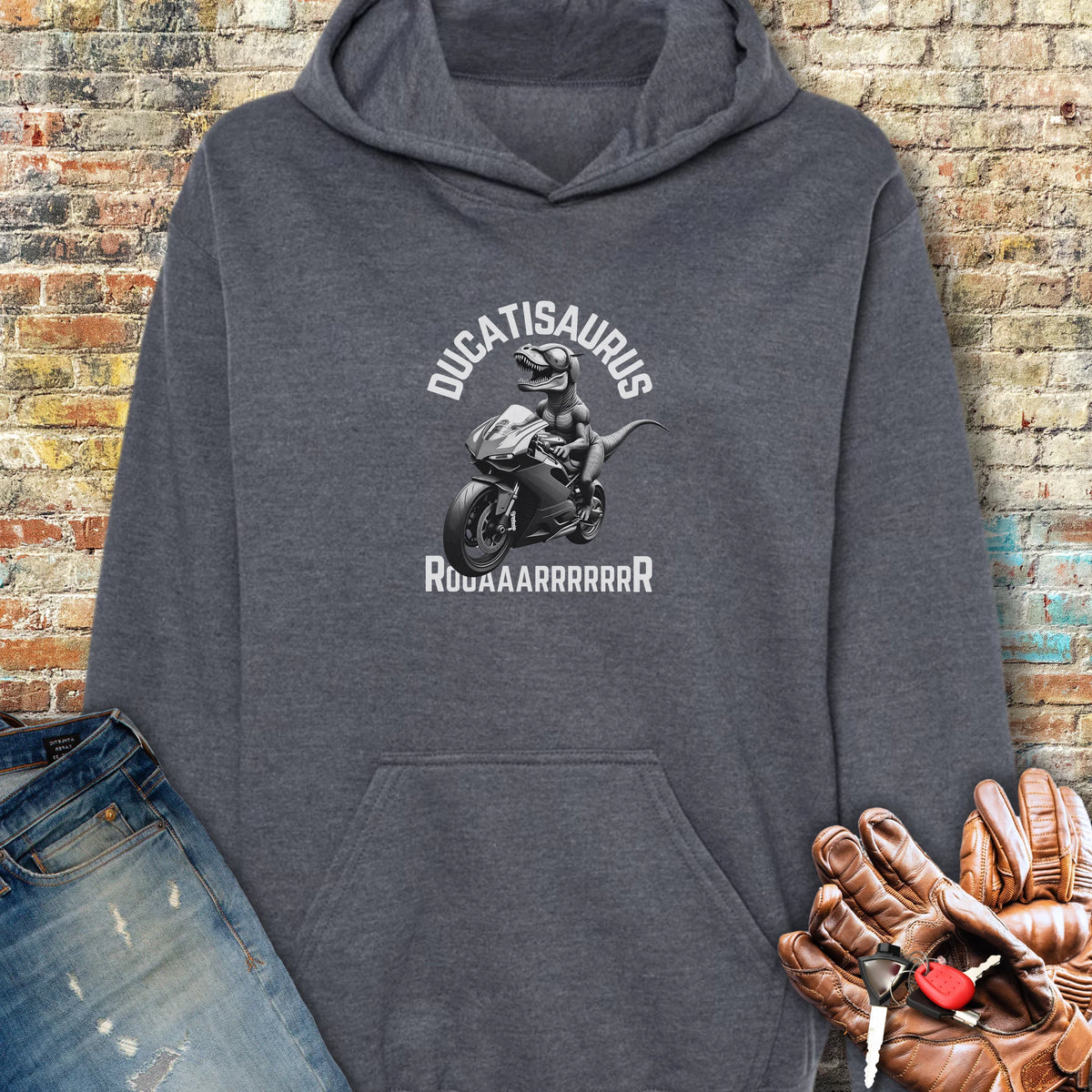 Ducatisaurus (B&W) Hoodie - Dark Heather