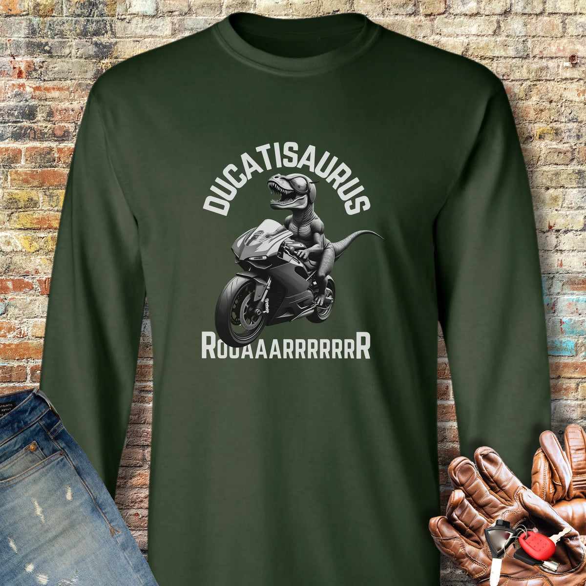 Ducatisaurus (B&W) Long Sleeve T-Shirt - Forest Green